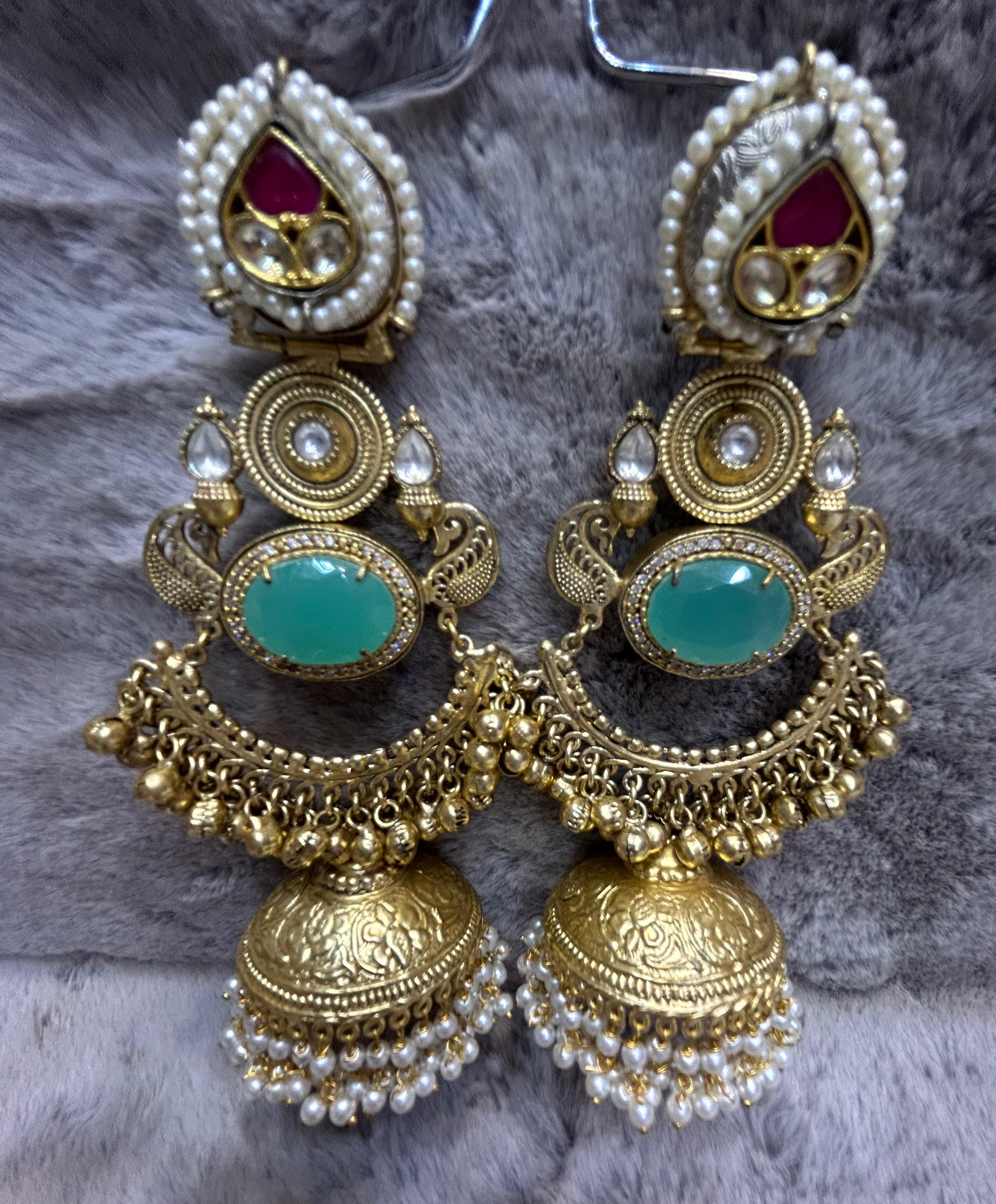 Emerald Kundan Pearl Chandbali Jhumka Earrings