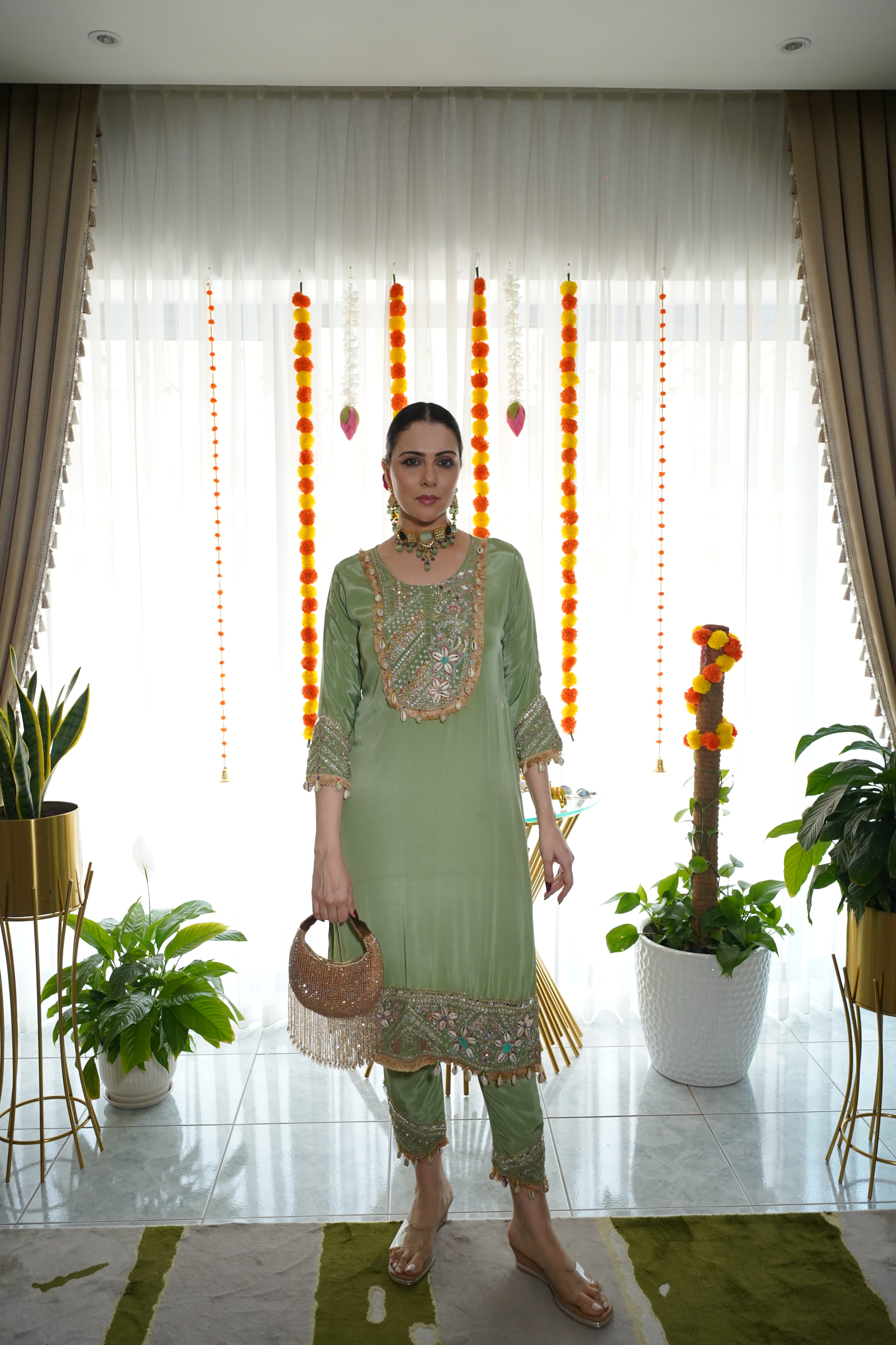 pure crepe co ord set with hand embellished neck with shells and coin