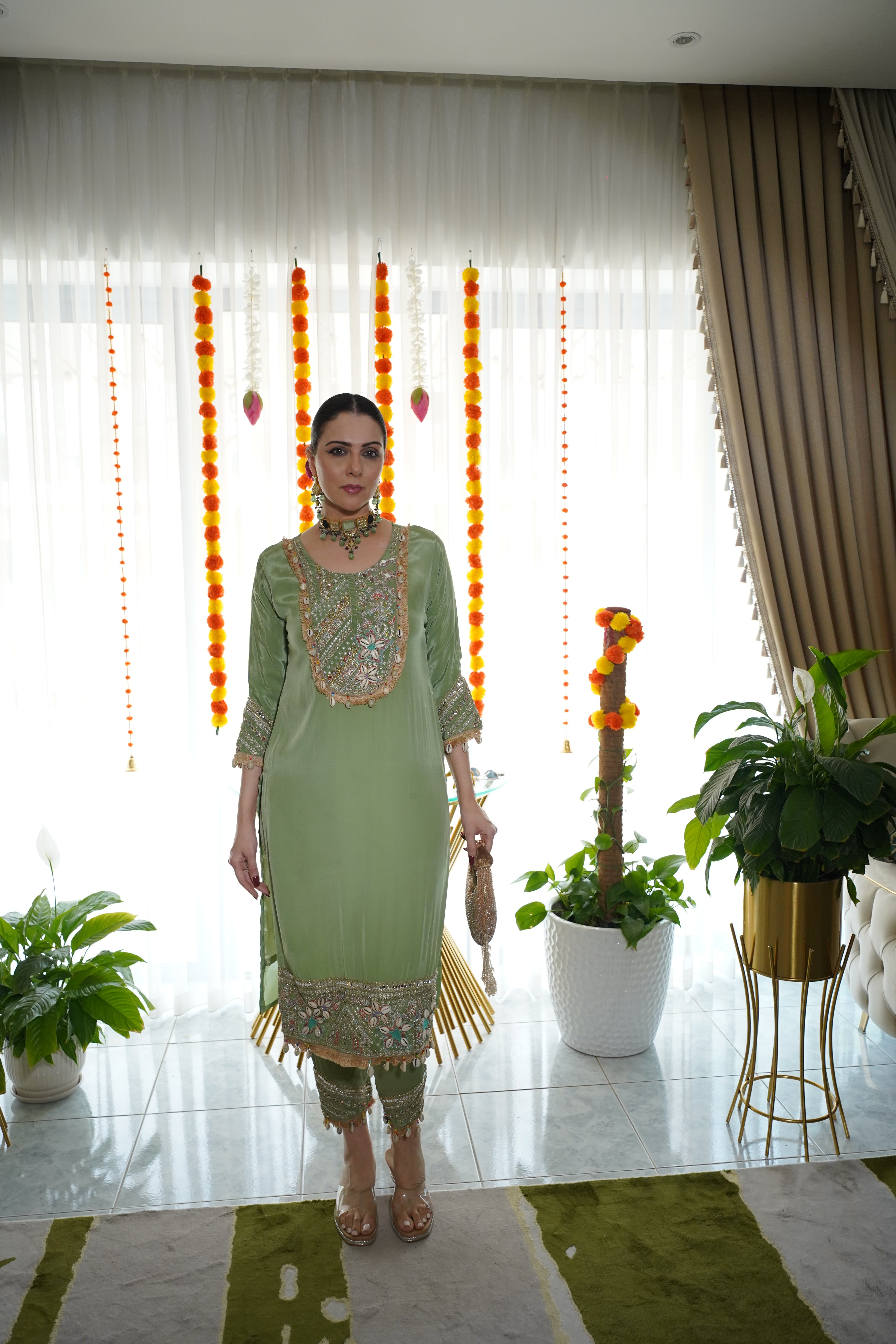 pure crepe co ord set with hand embellished neck with shells and coin