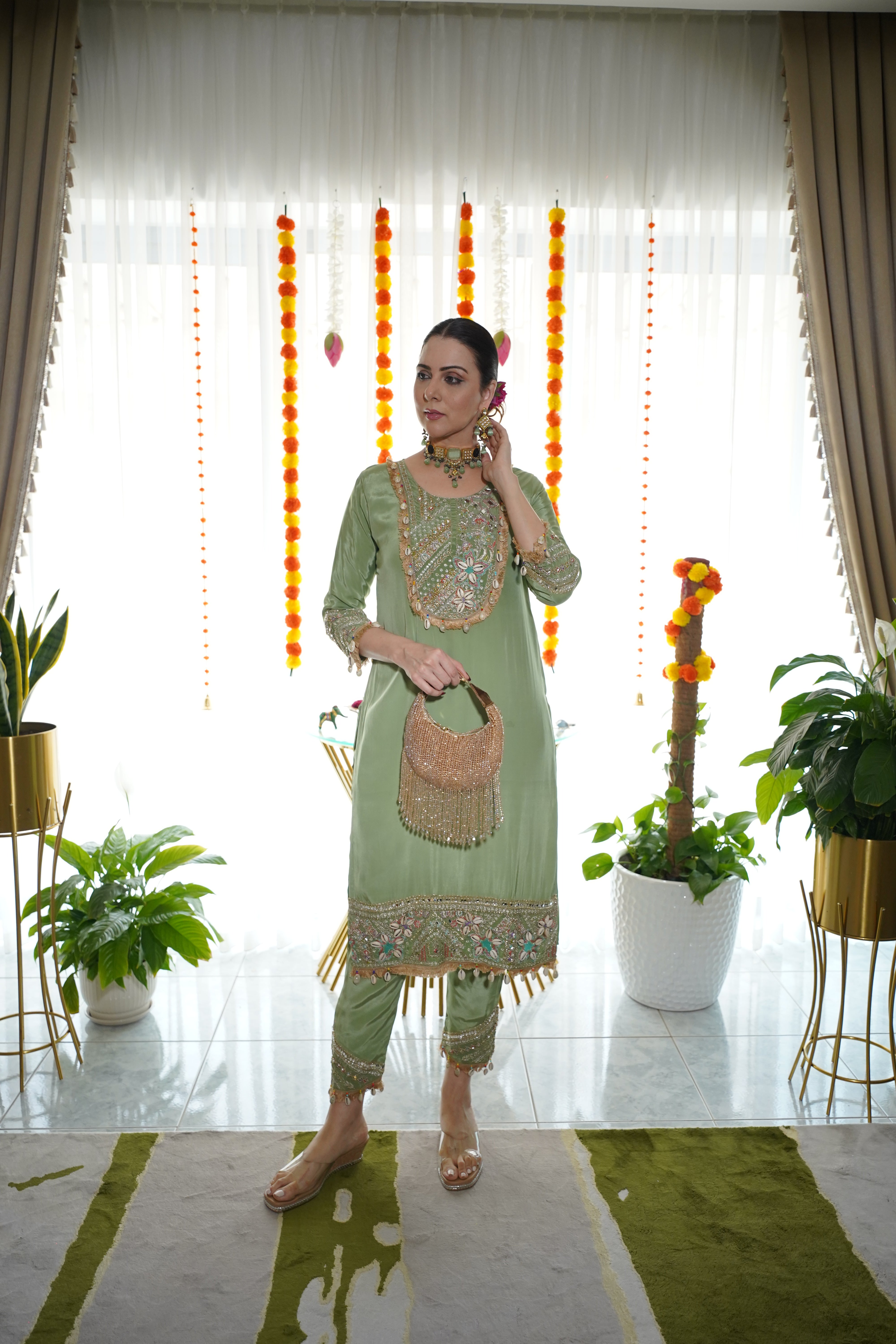 pure crepe co ord set with hand embellished neck with shells and coin