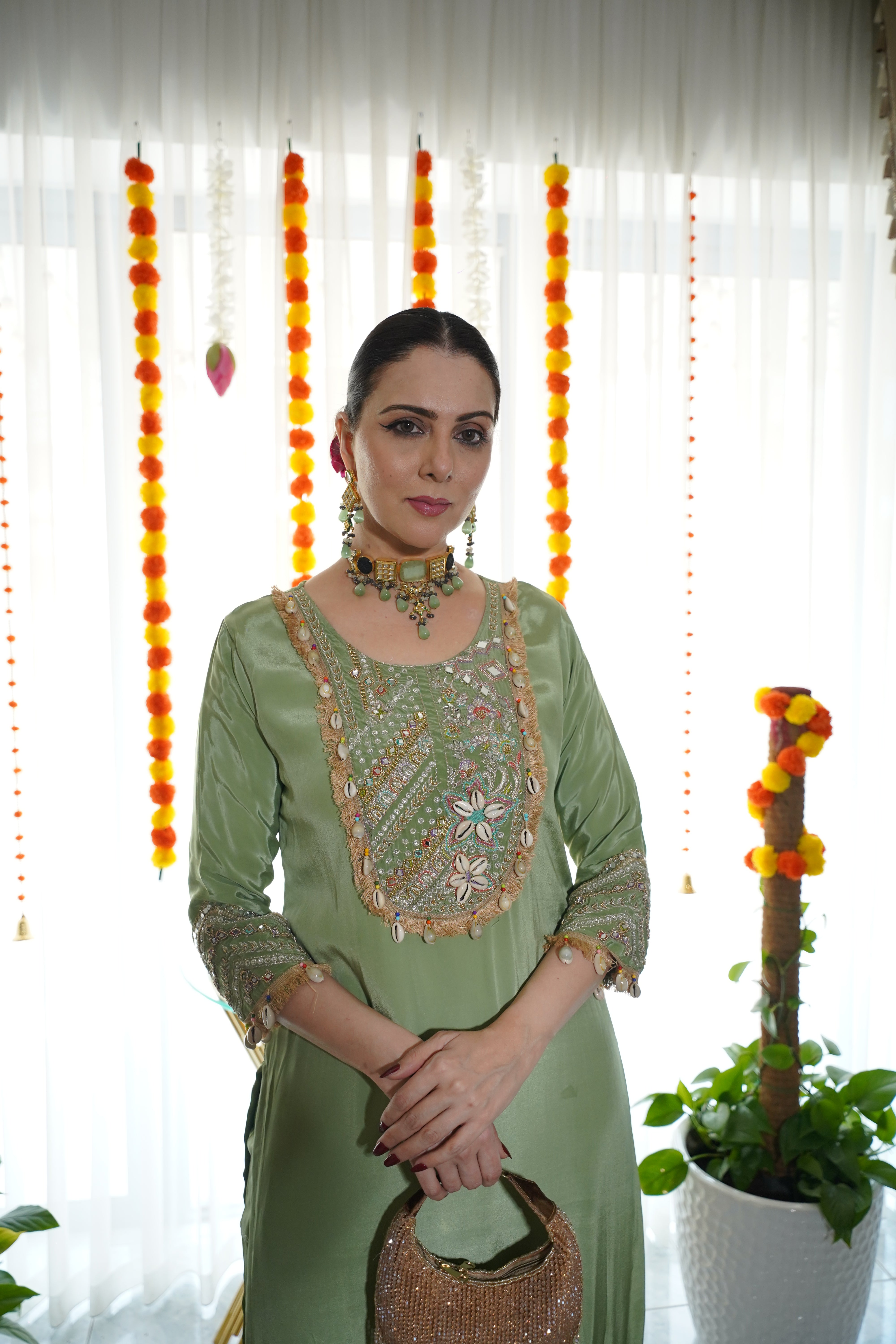 pure crepe co ord set with hand embellished neck with shells and coin