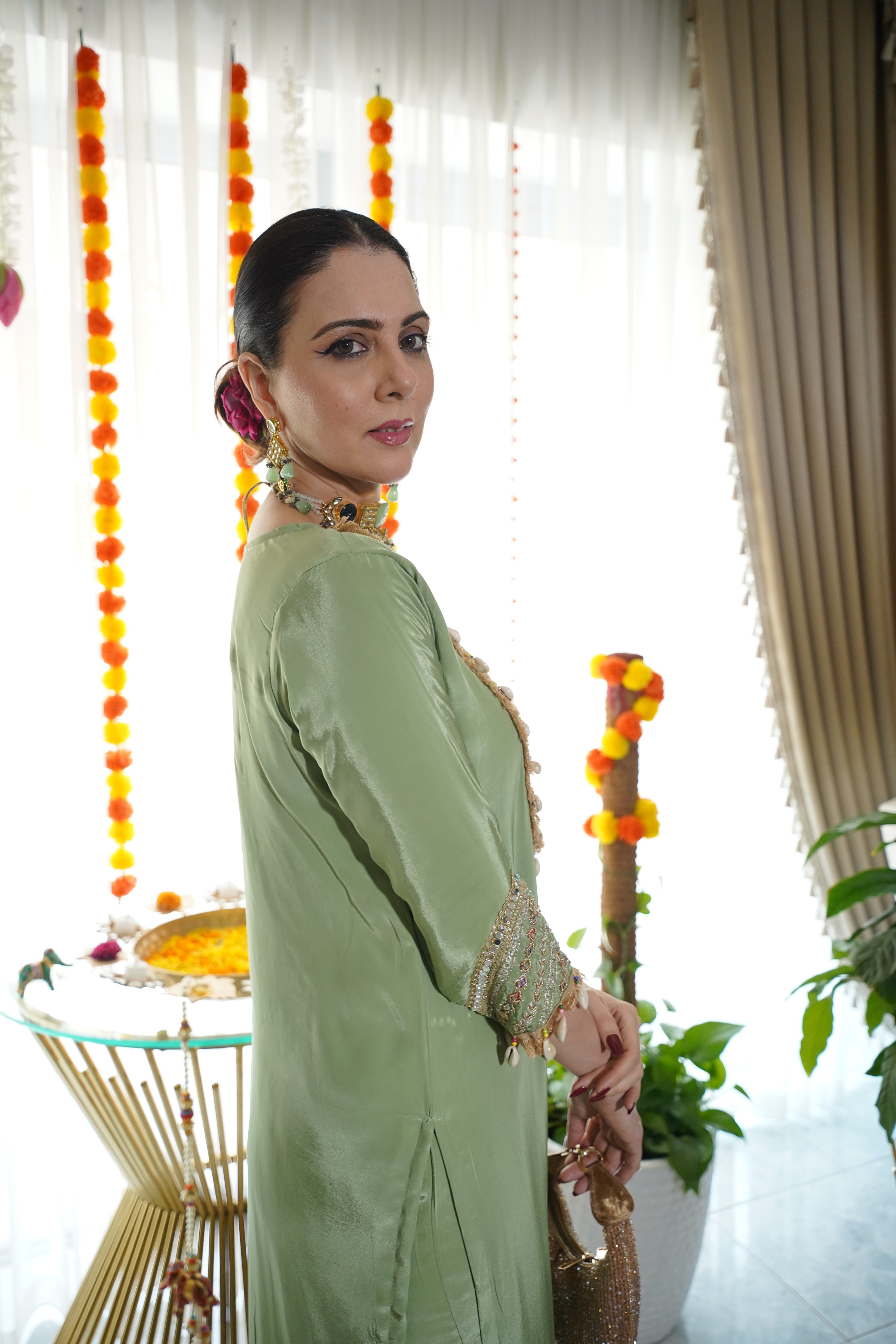 pure crepe co ord set with hand embellished neck with shells and coin