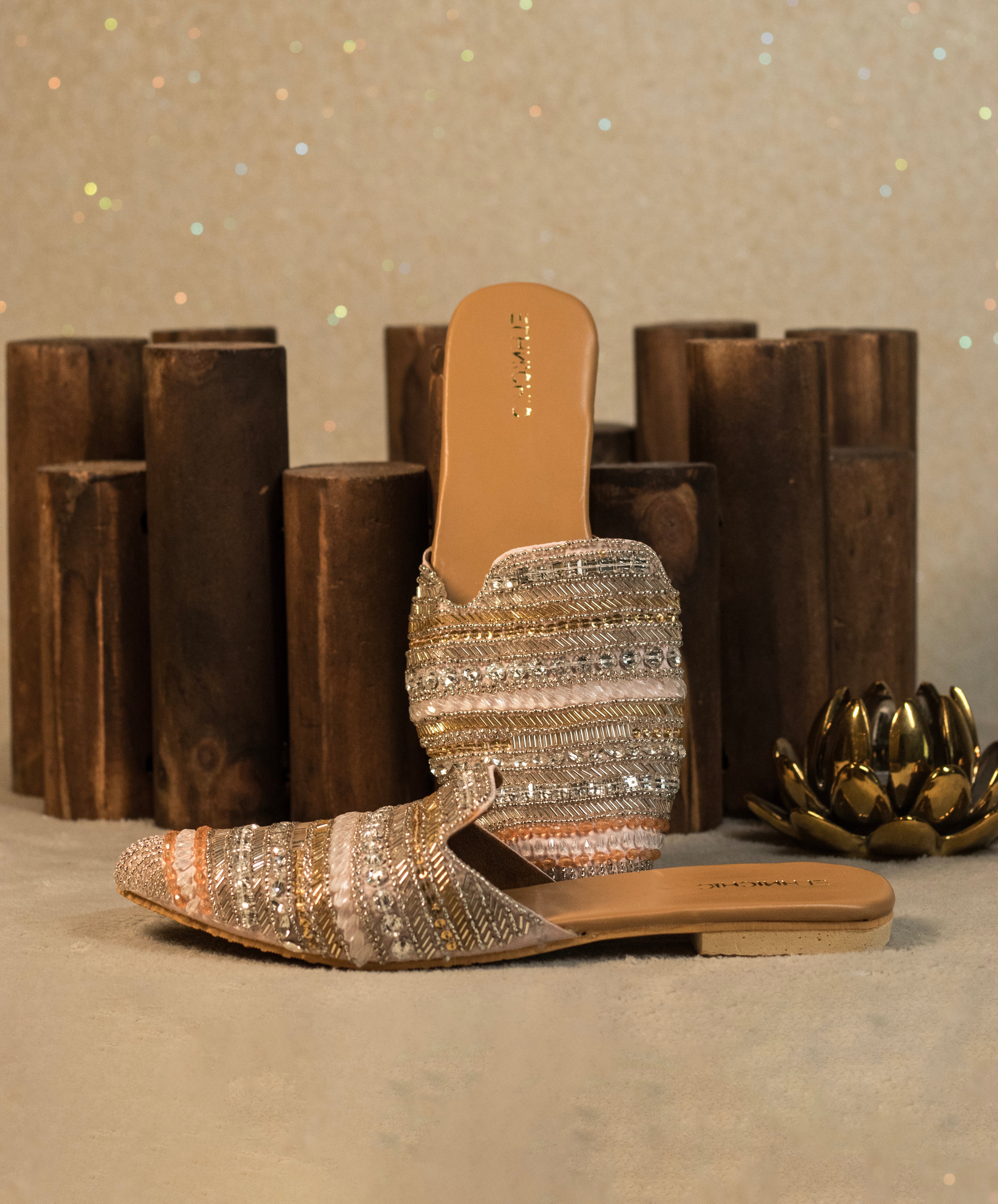 Champagne Gleam Embellished Mules