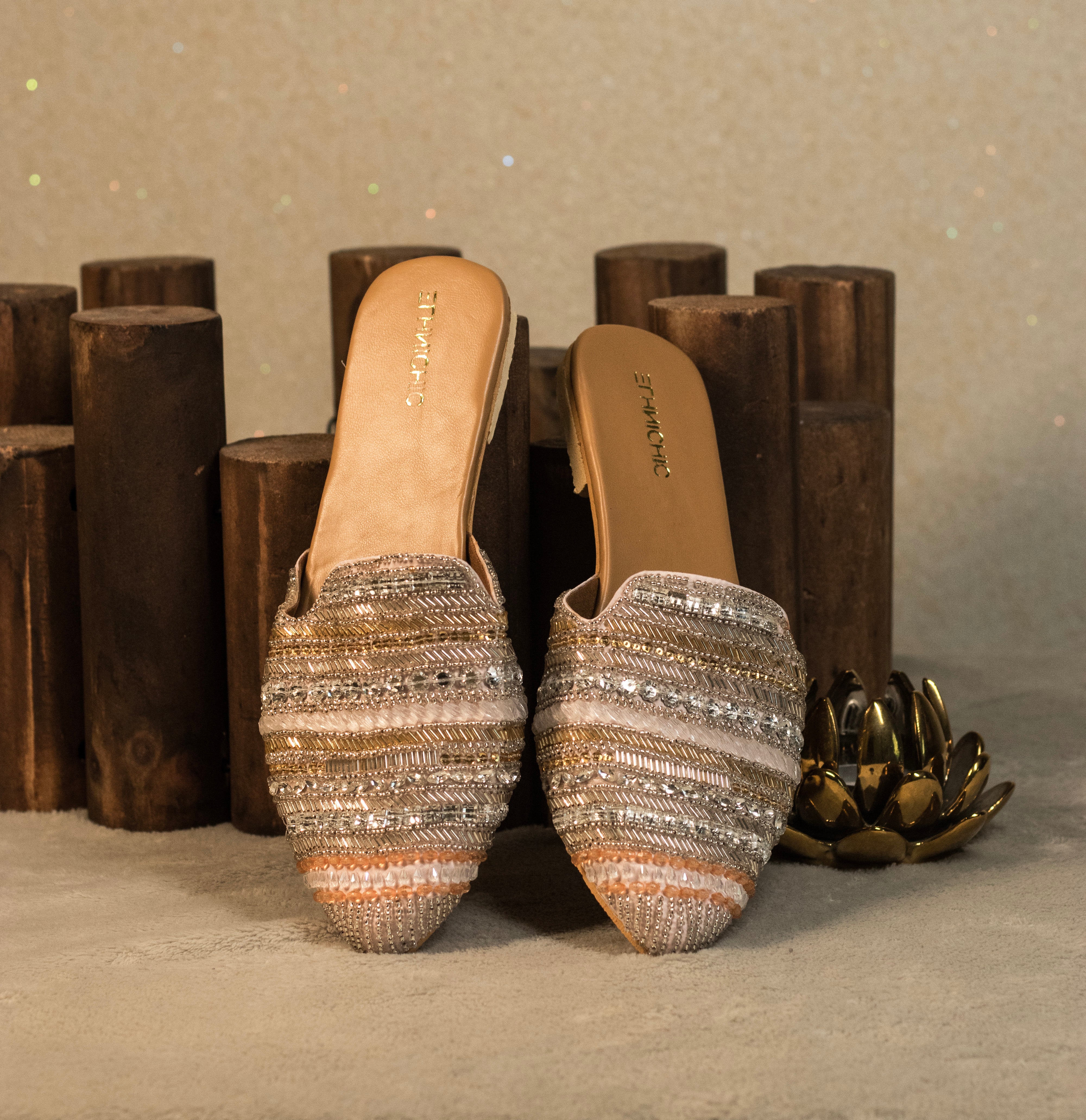 Champagne Gleam Embellished Mules
