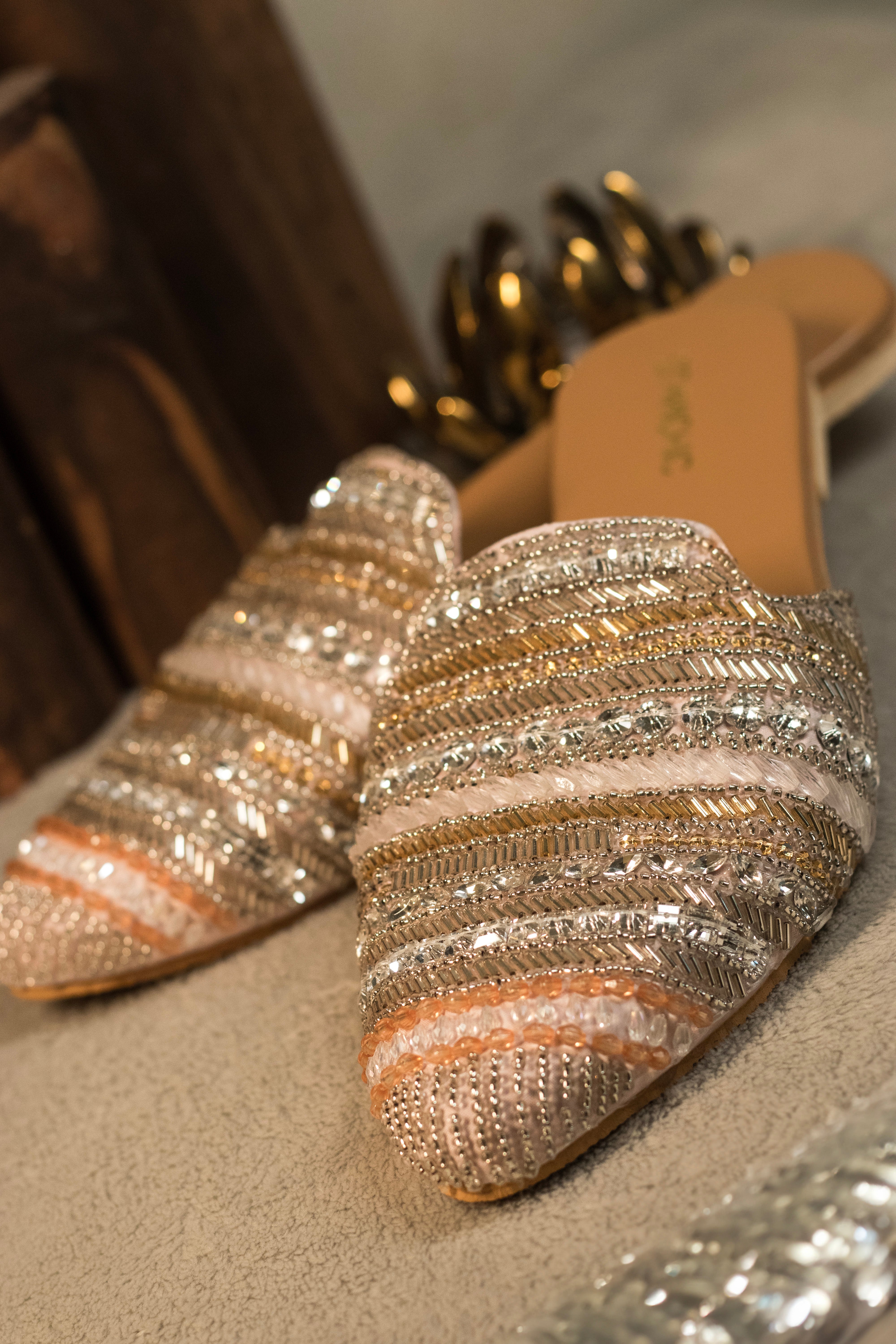 Champagne Gleam Embellished Mules