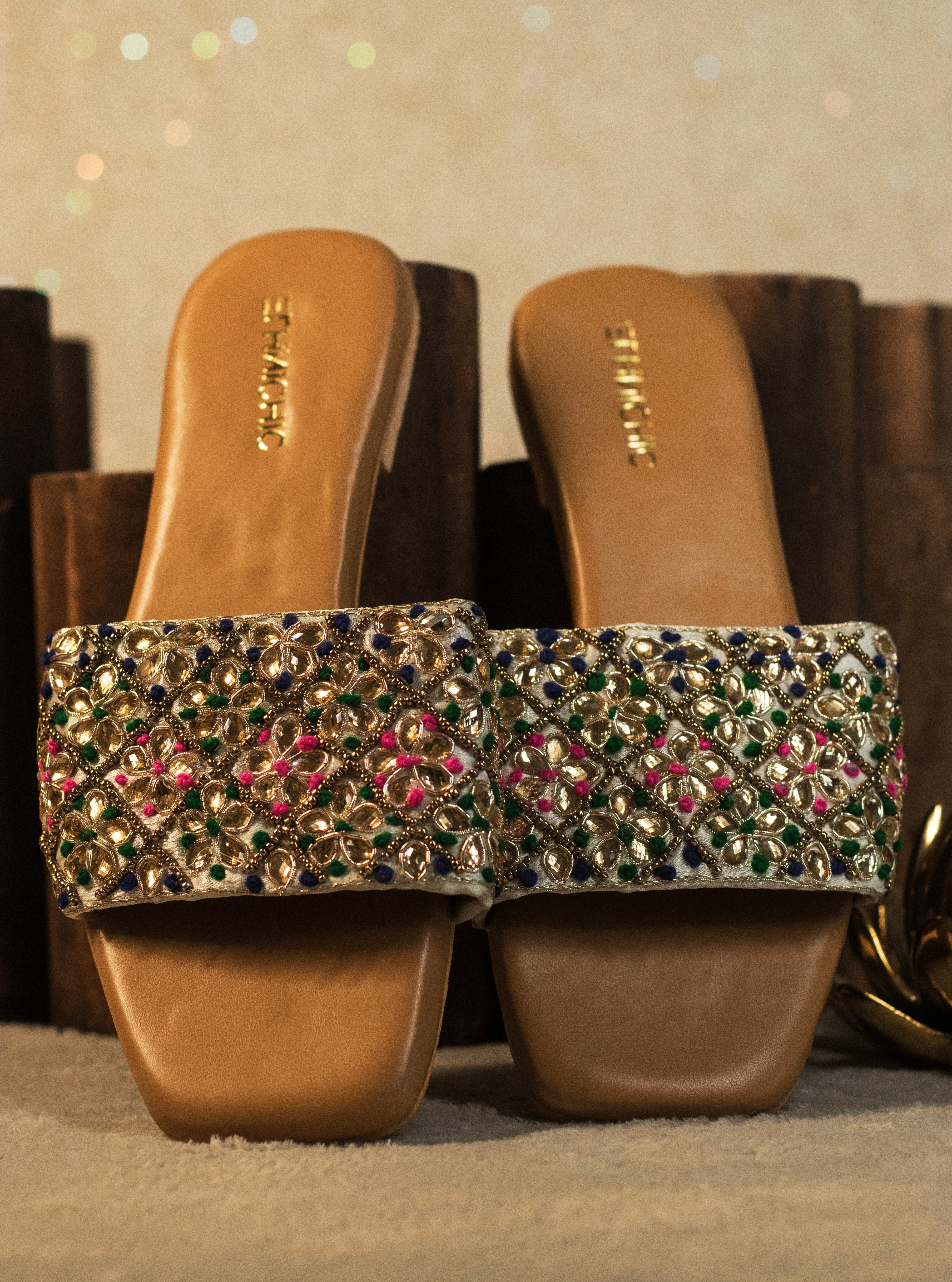 Mirror Embellished Festive Slide Sandals