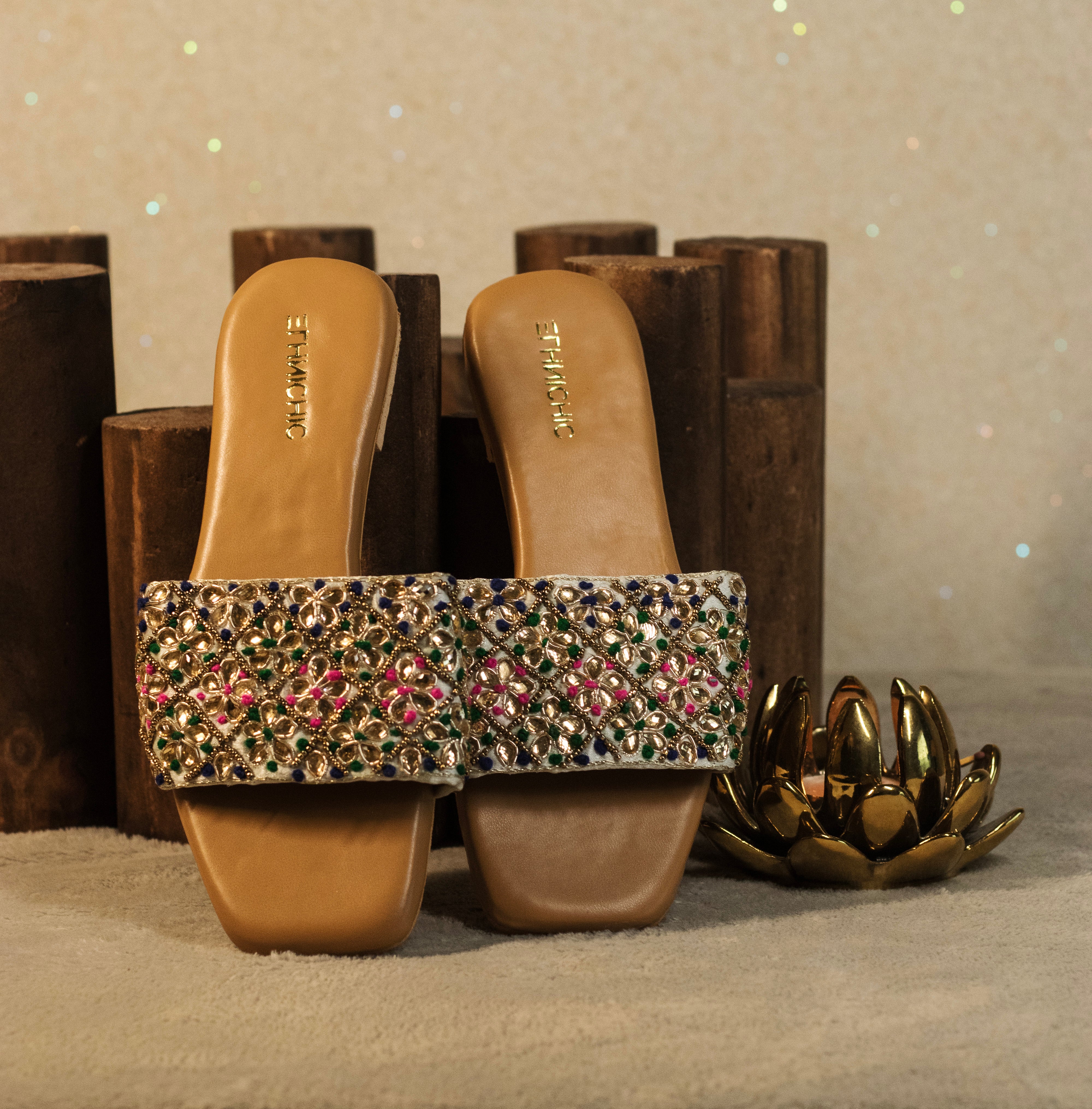 Mirror Embellished Festive Slide Sandals