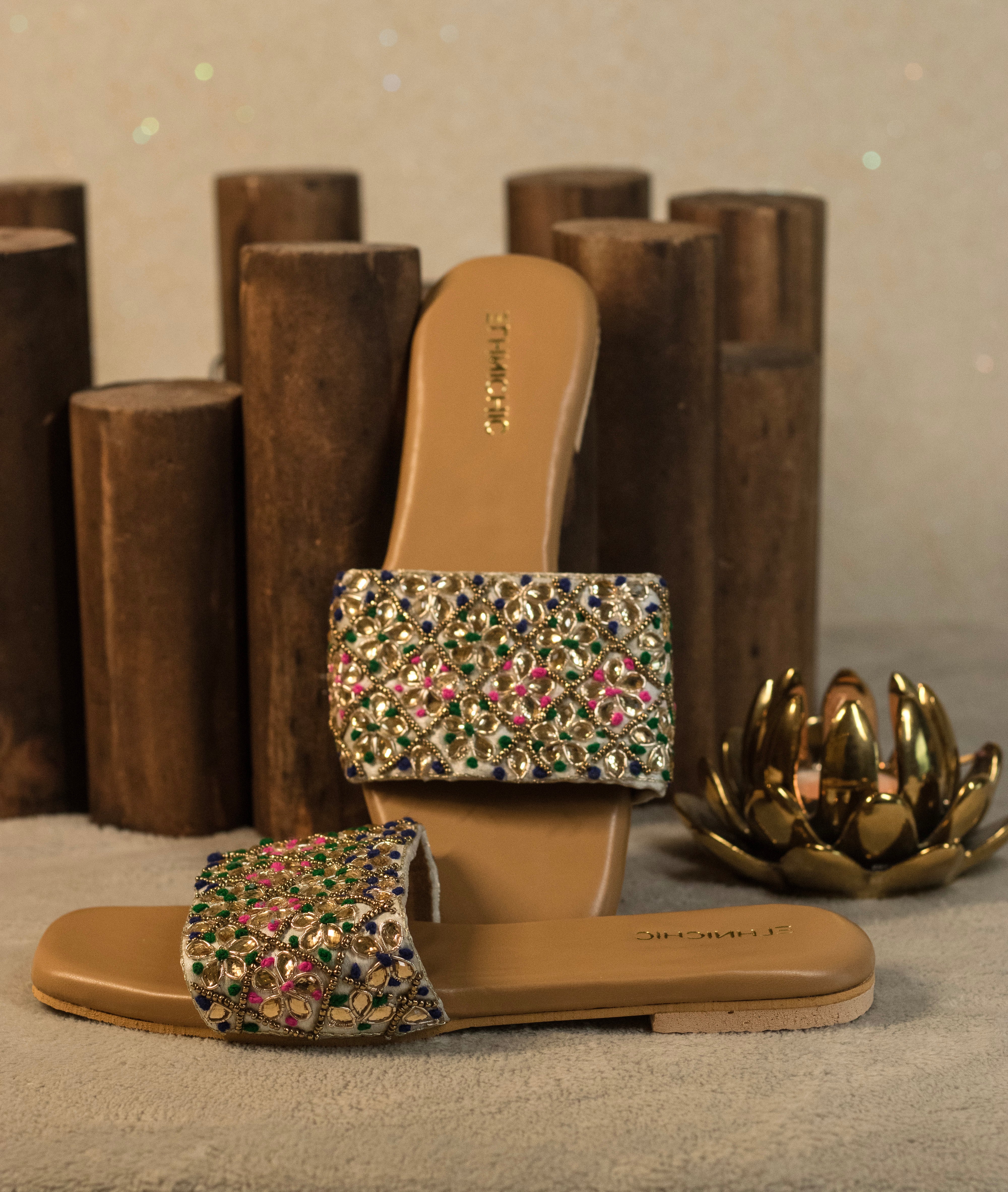 Mirror Embellished Festive Slide Sandals