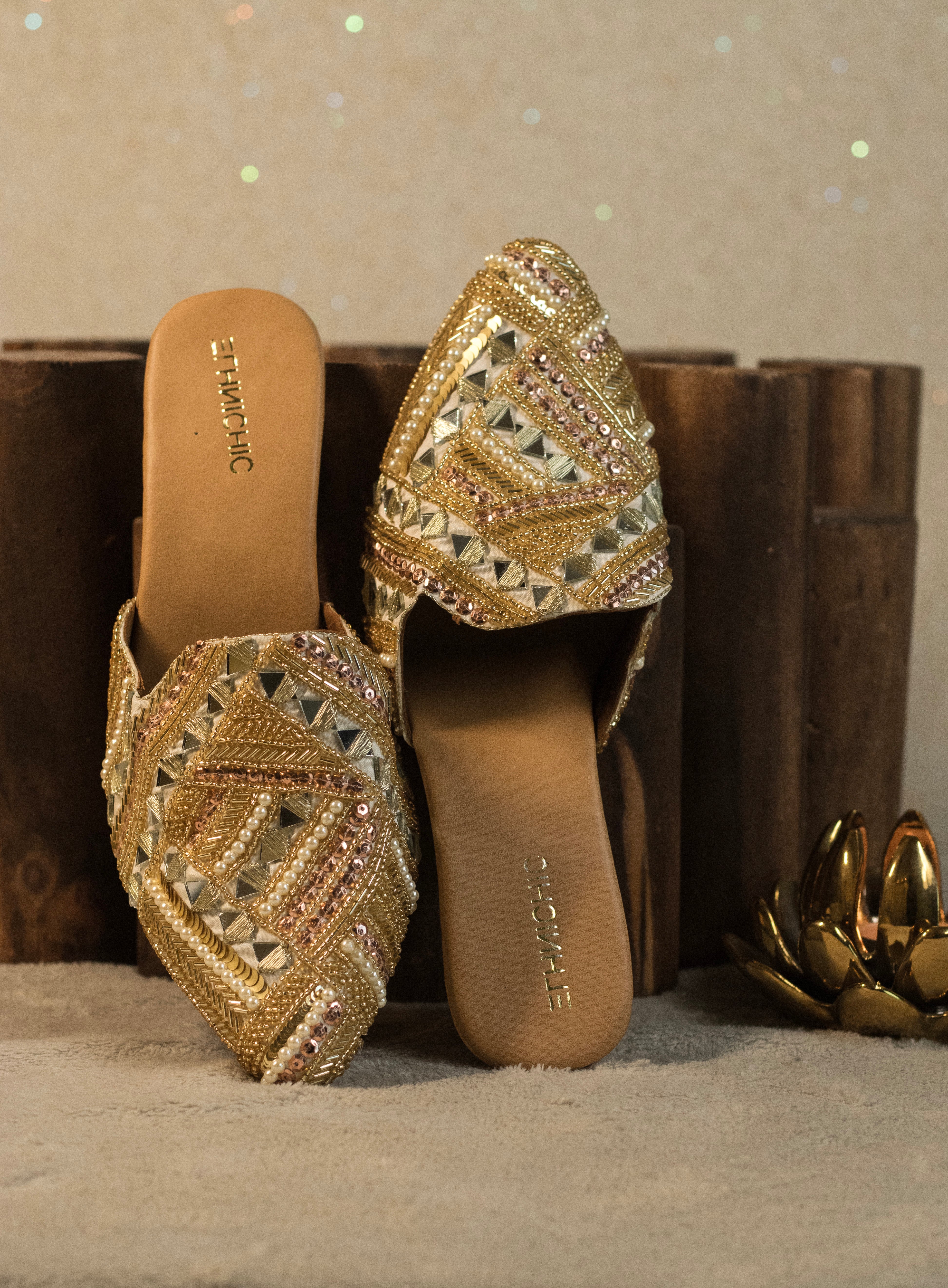 Regal Gold Hand-Embellished Mules