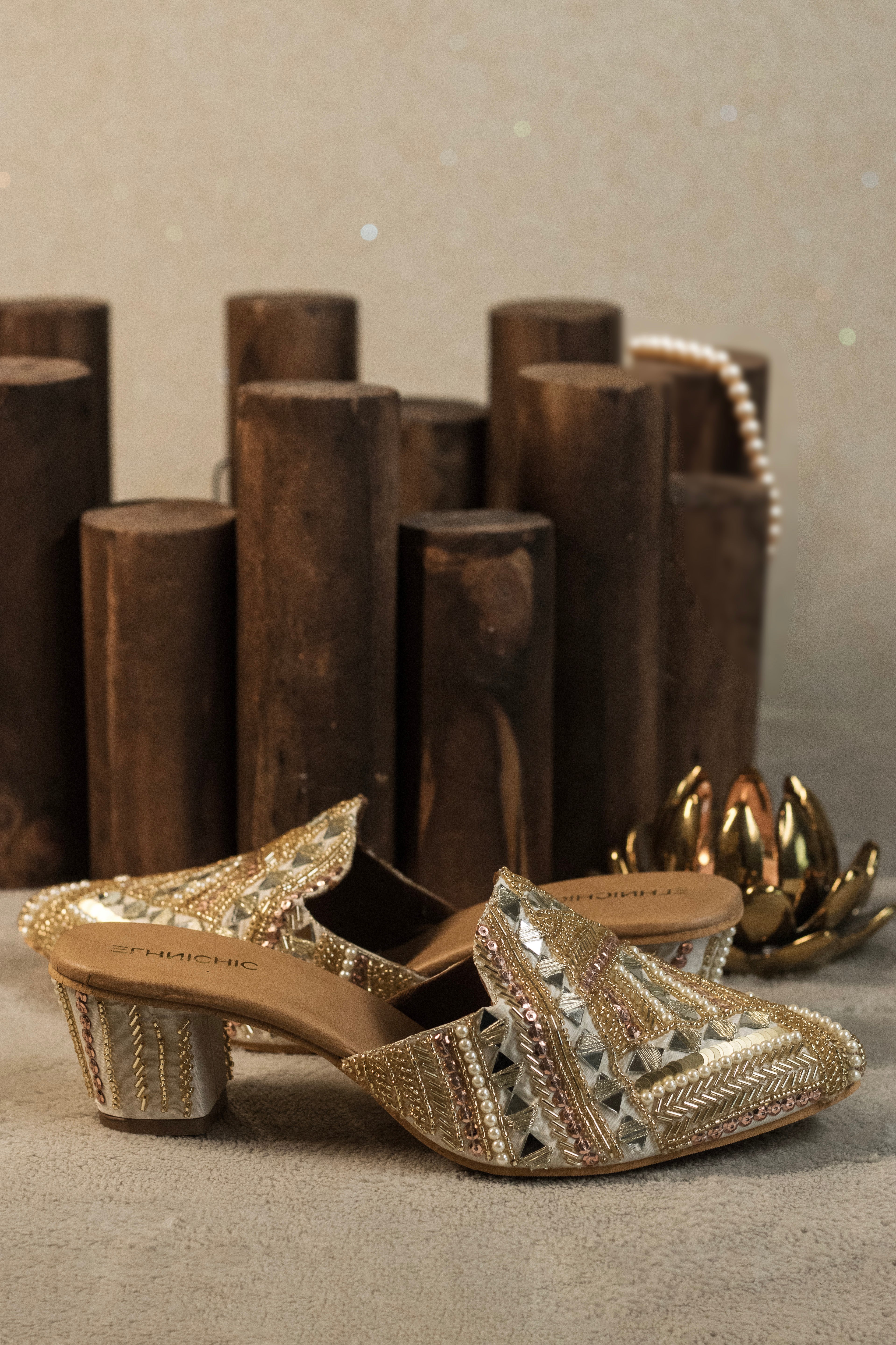 Regal Gold Hand-Embellished Mules