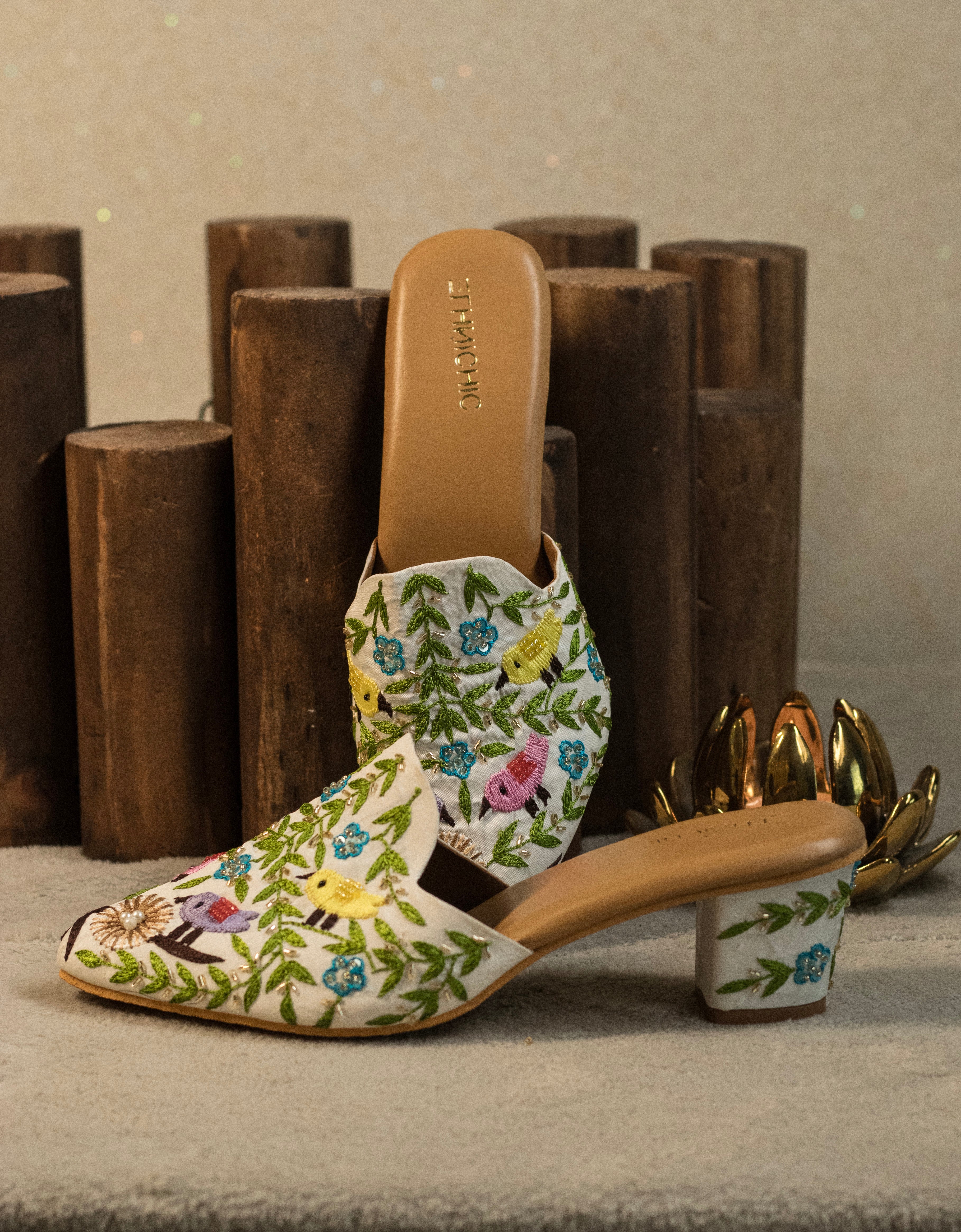 Whimsical Garden Embroidered Mules Heels