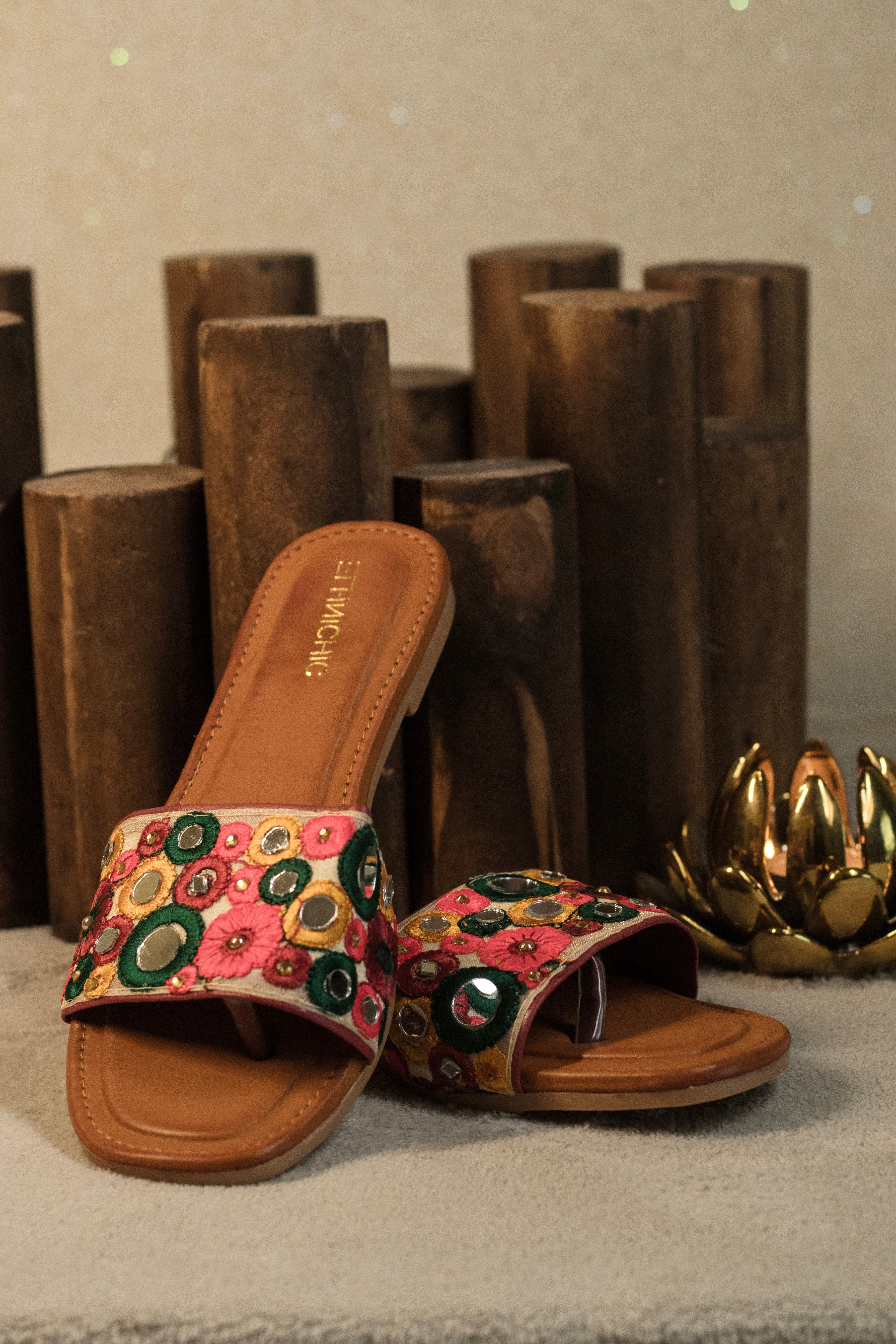 Vibrant Floral Mirror-Work Flat Sandals
