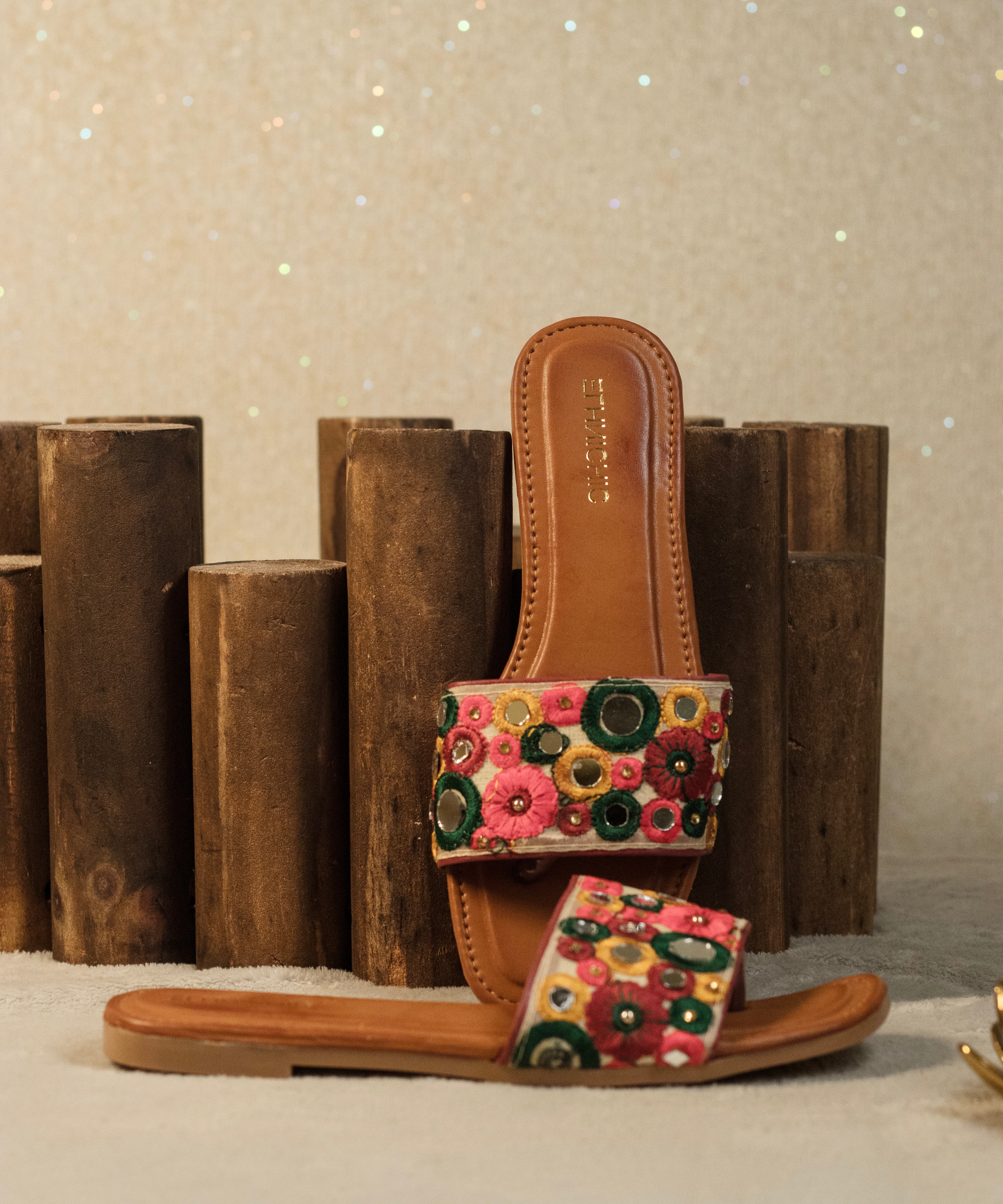Vibrant Floral Mirror-Work Flat Sandals