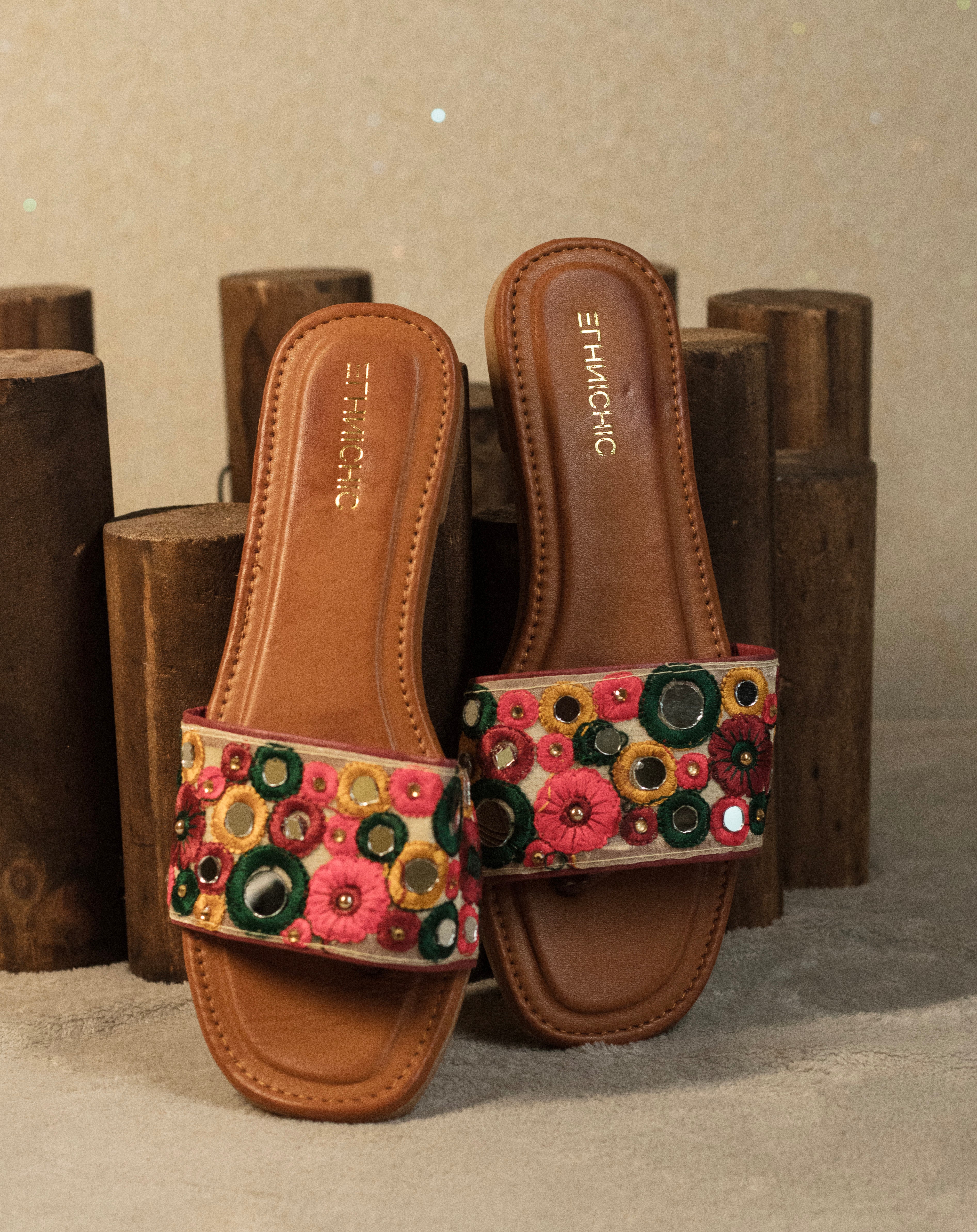 Vibrant Floral Mirror-Work Flat Sandals
