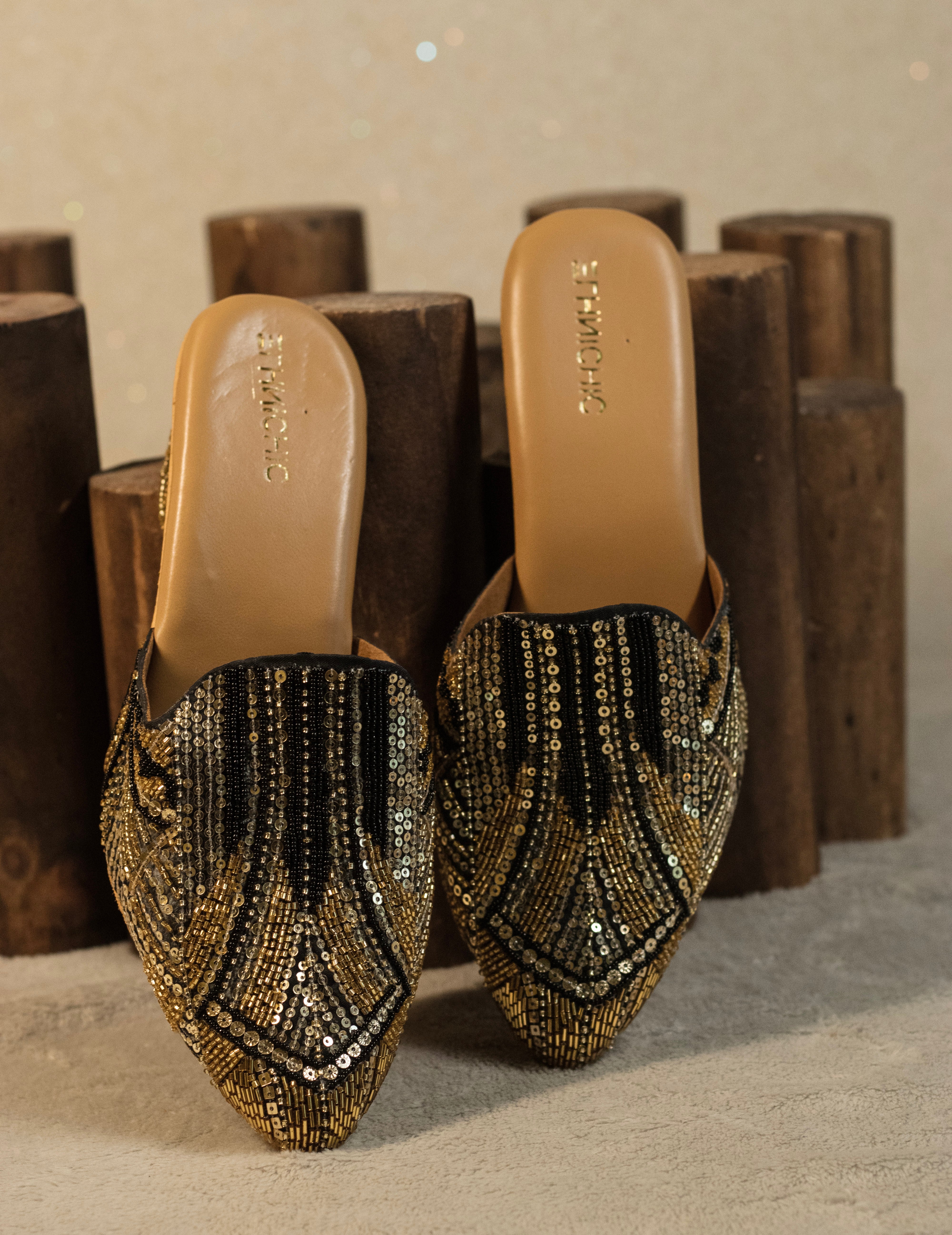 Midnight Gold Sequin & Bead-Encrusted Mules