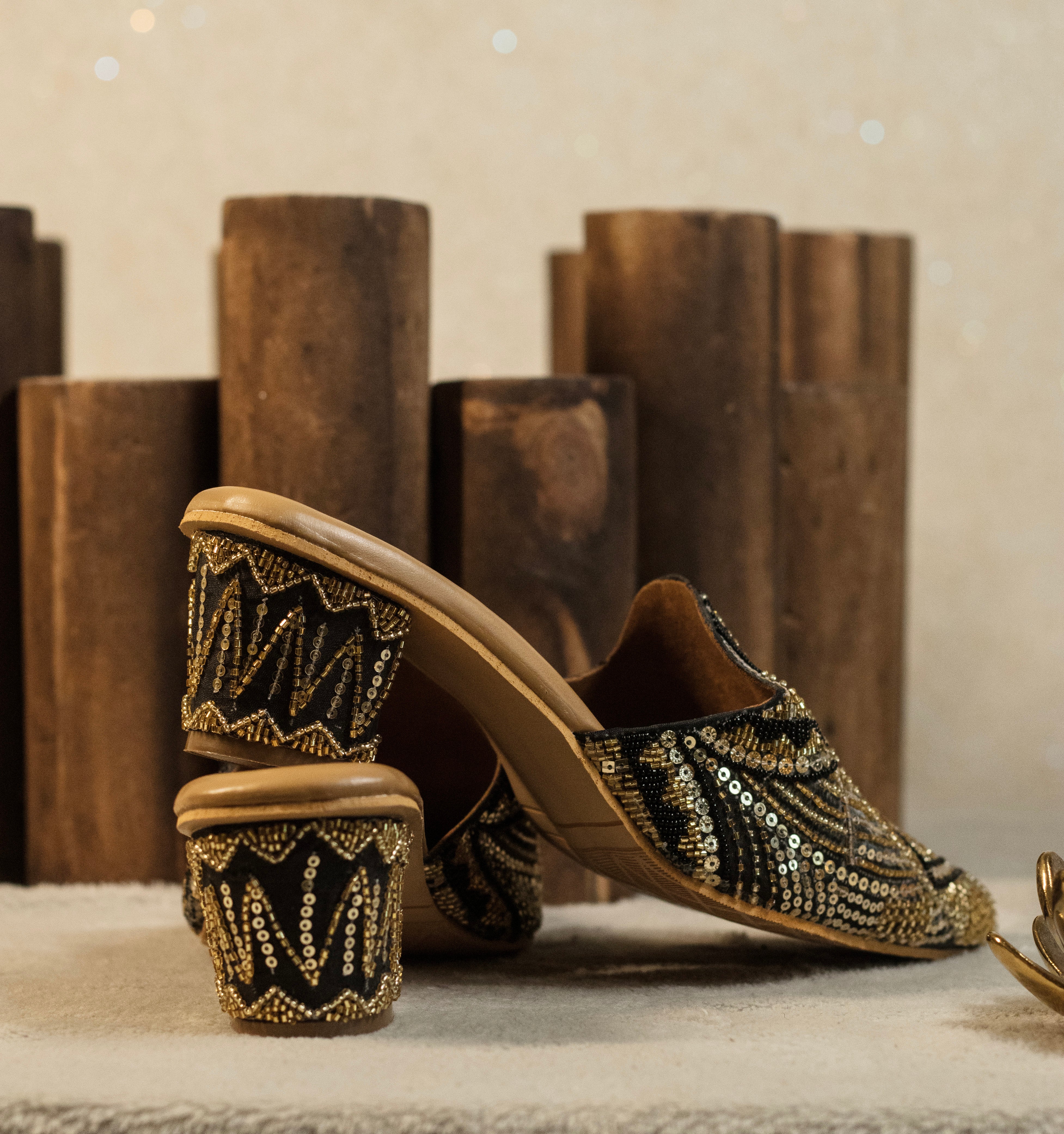 Midnight Gold Sequin & Bead-Encrusted Mules