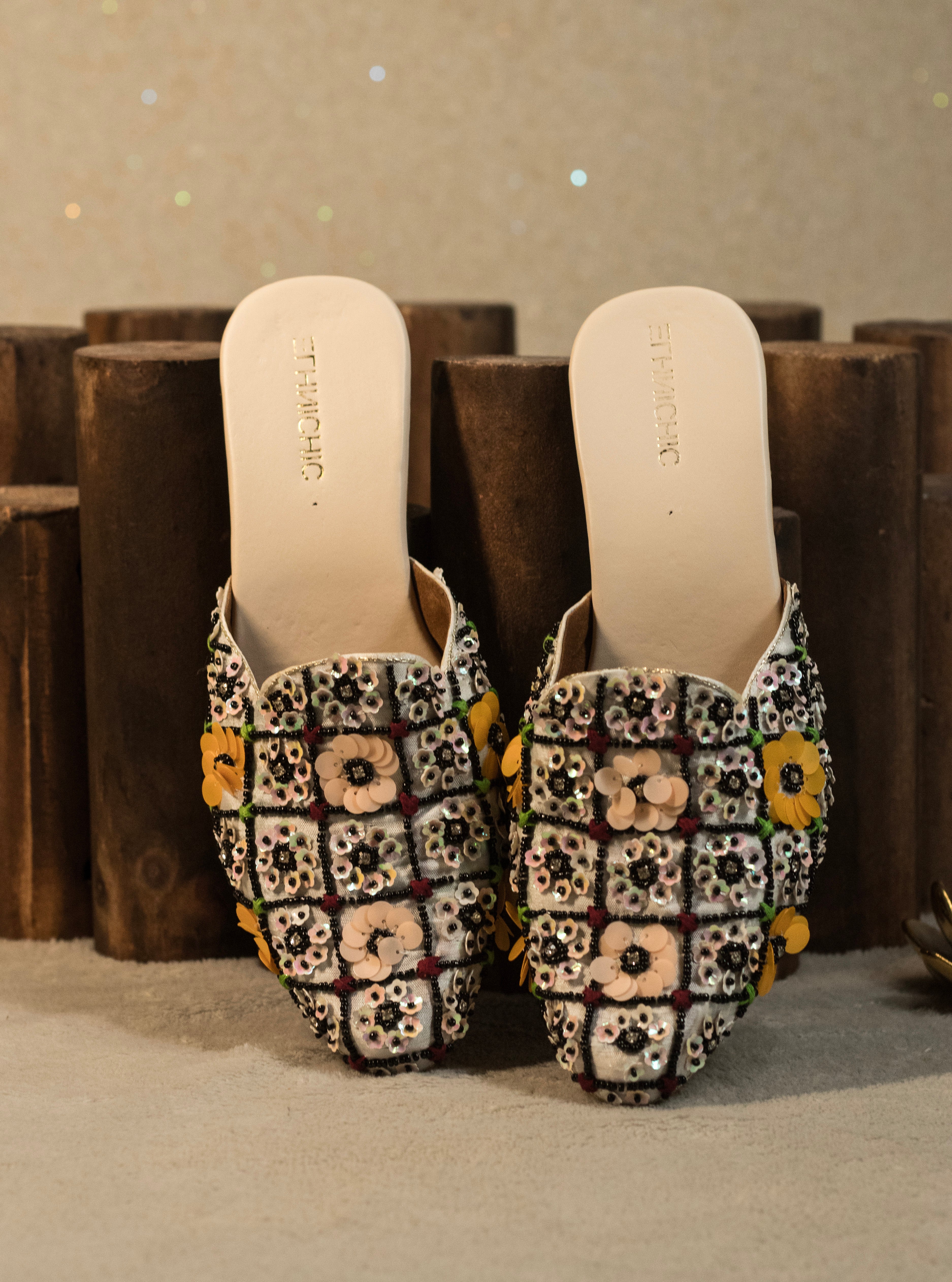 Bloom Grid Embellished Mule Heels