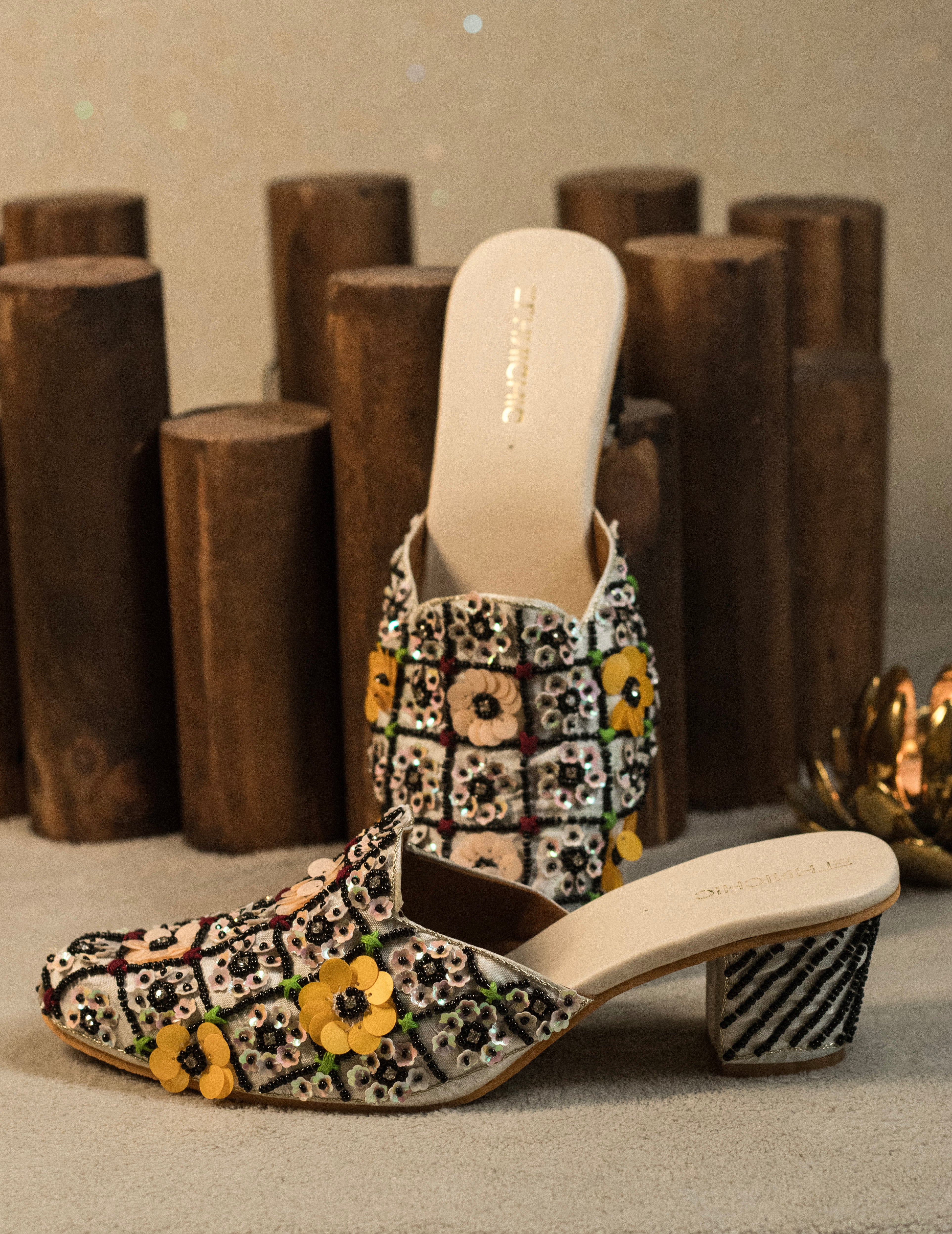 Bloom Grid Embellished Mule Heels