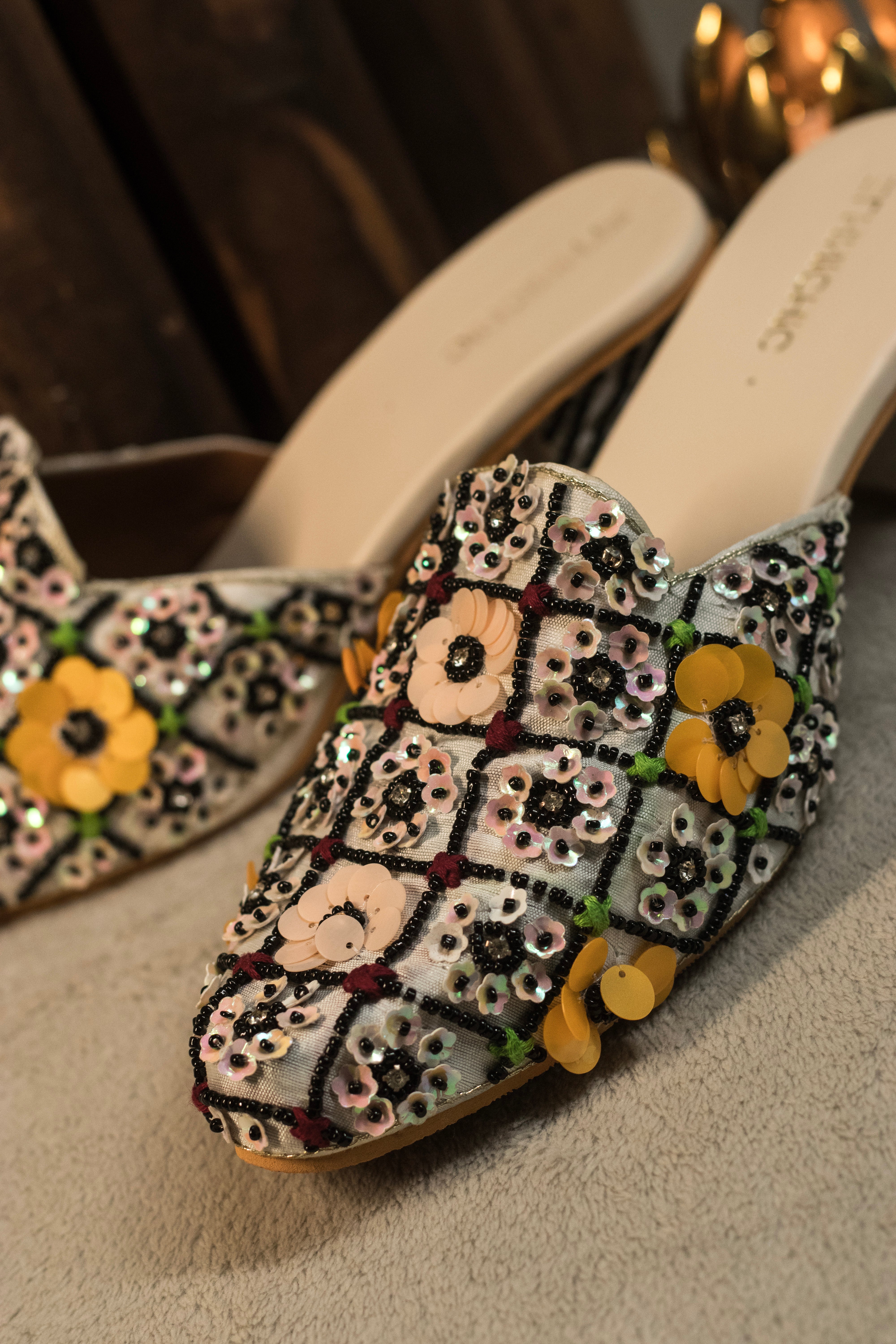 Bloom Grid Embellished Mule Heels