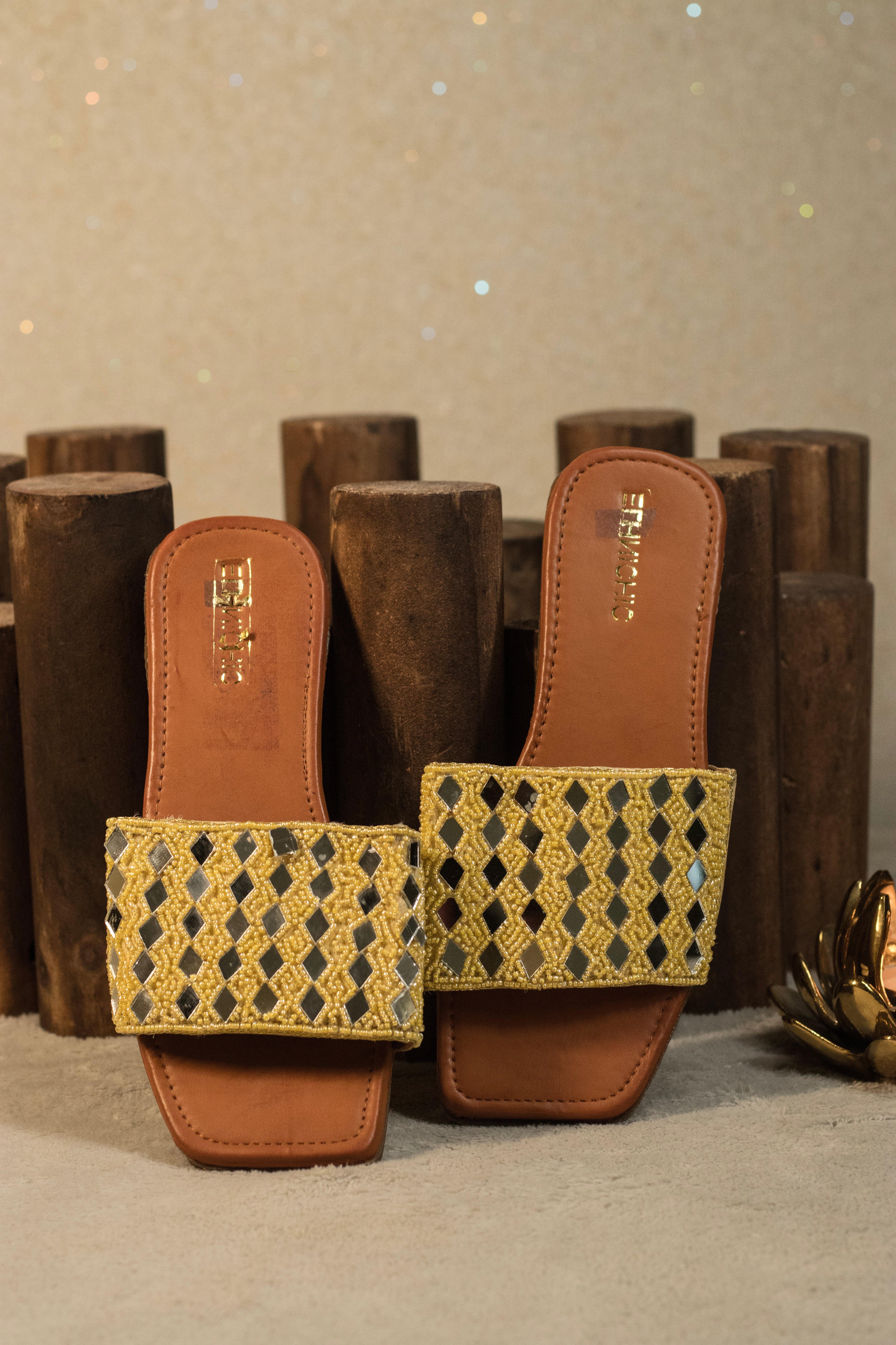 Golden Mirror Weave Embellished Sliders