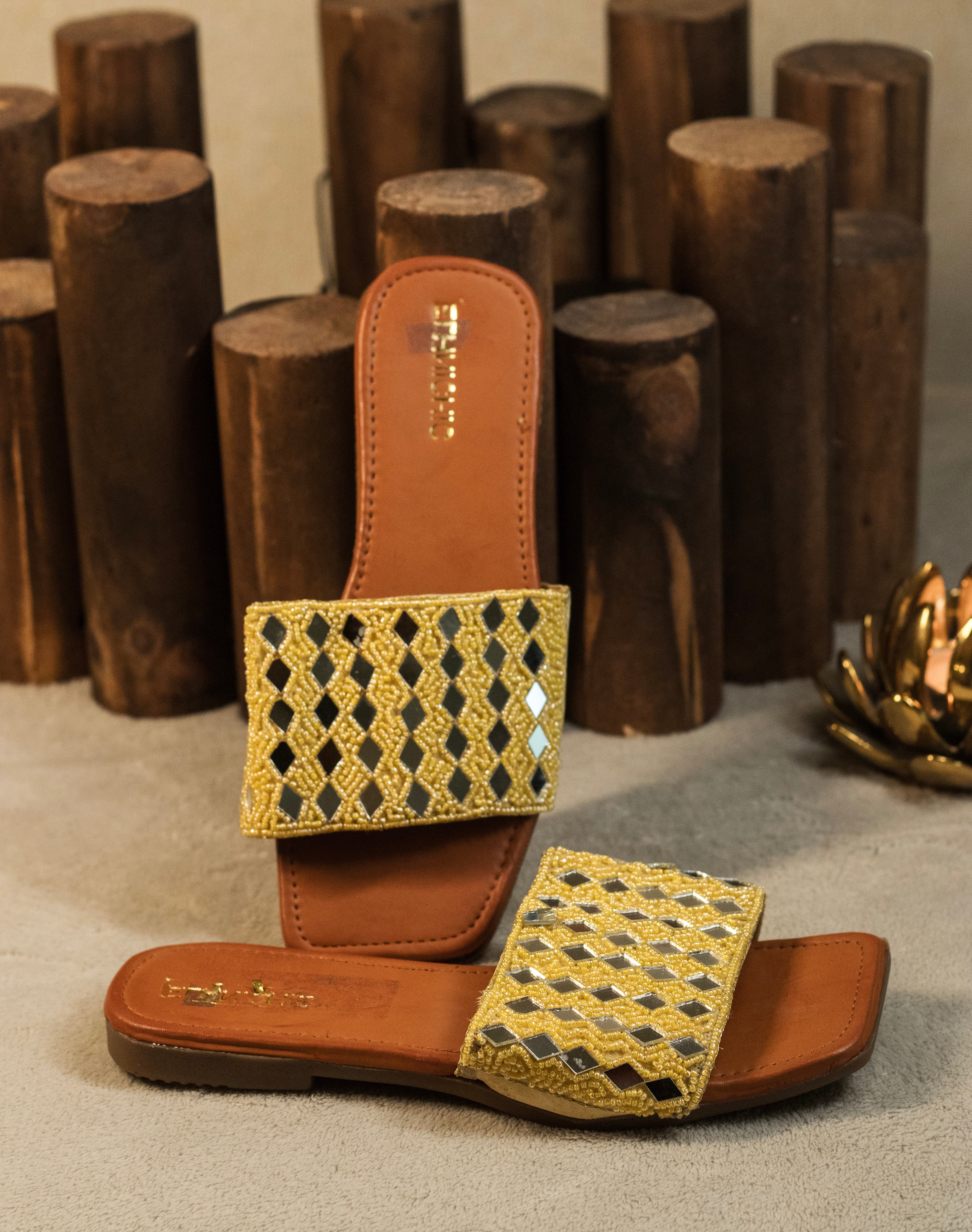 Golden Mirror Weave Embellished Sliders