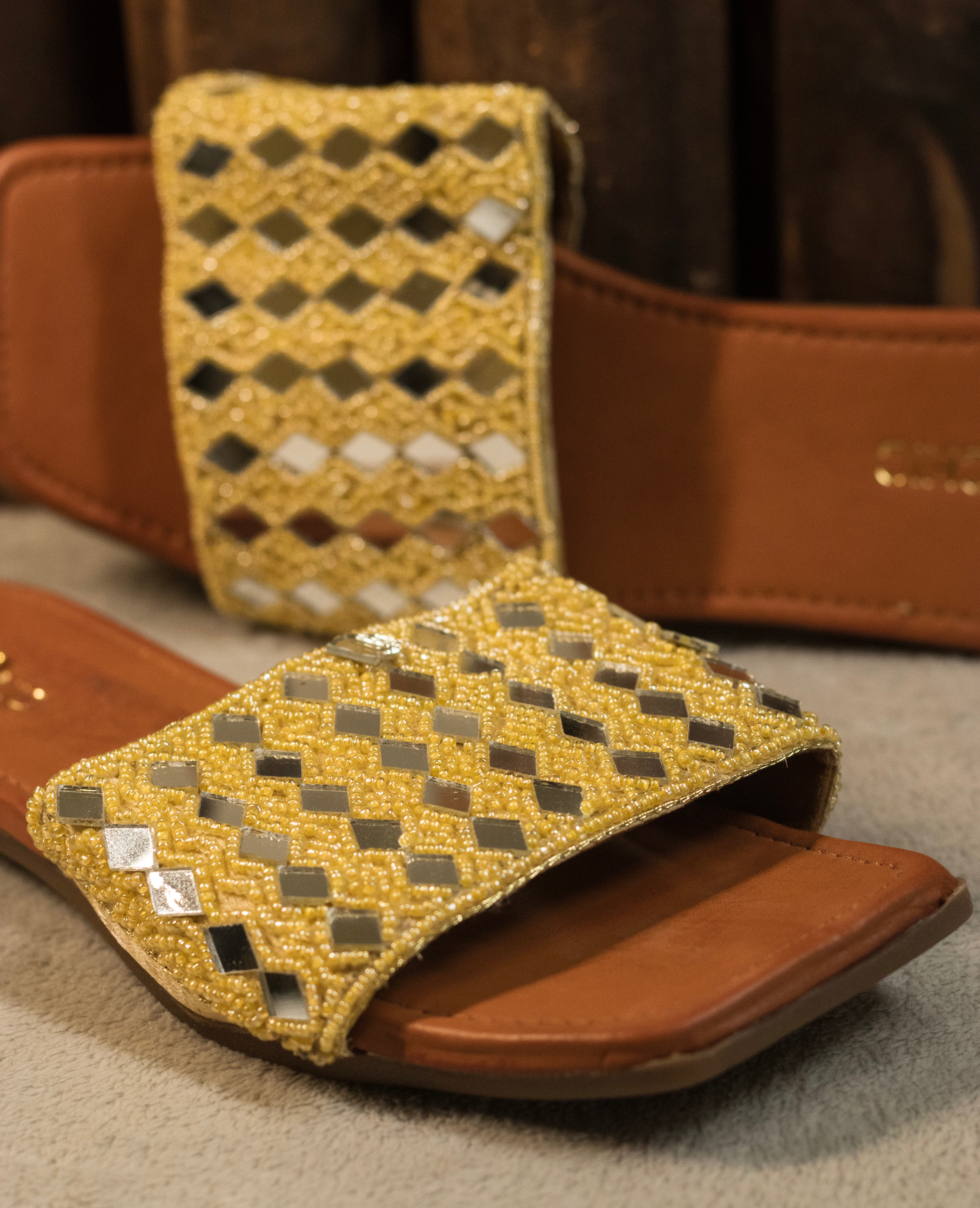 Golden Mirror Weave Embellished Sliders