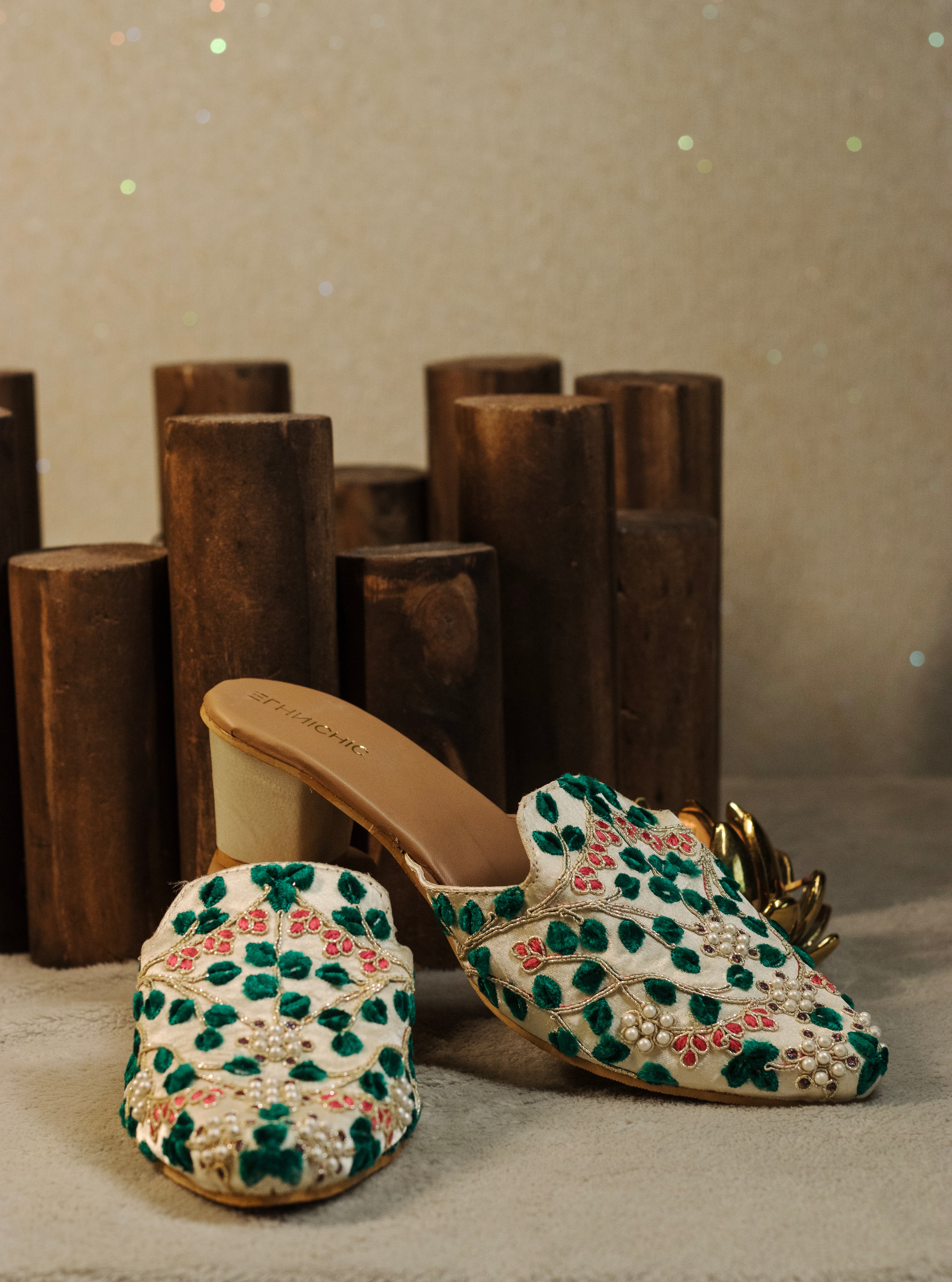 Emerald Vine Embroidered Block Heel Mules