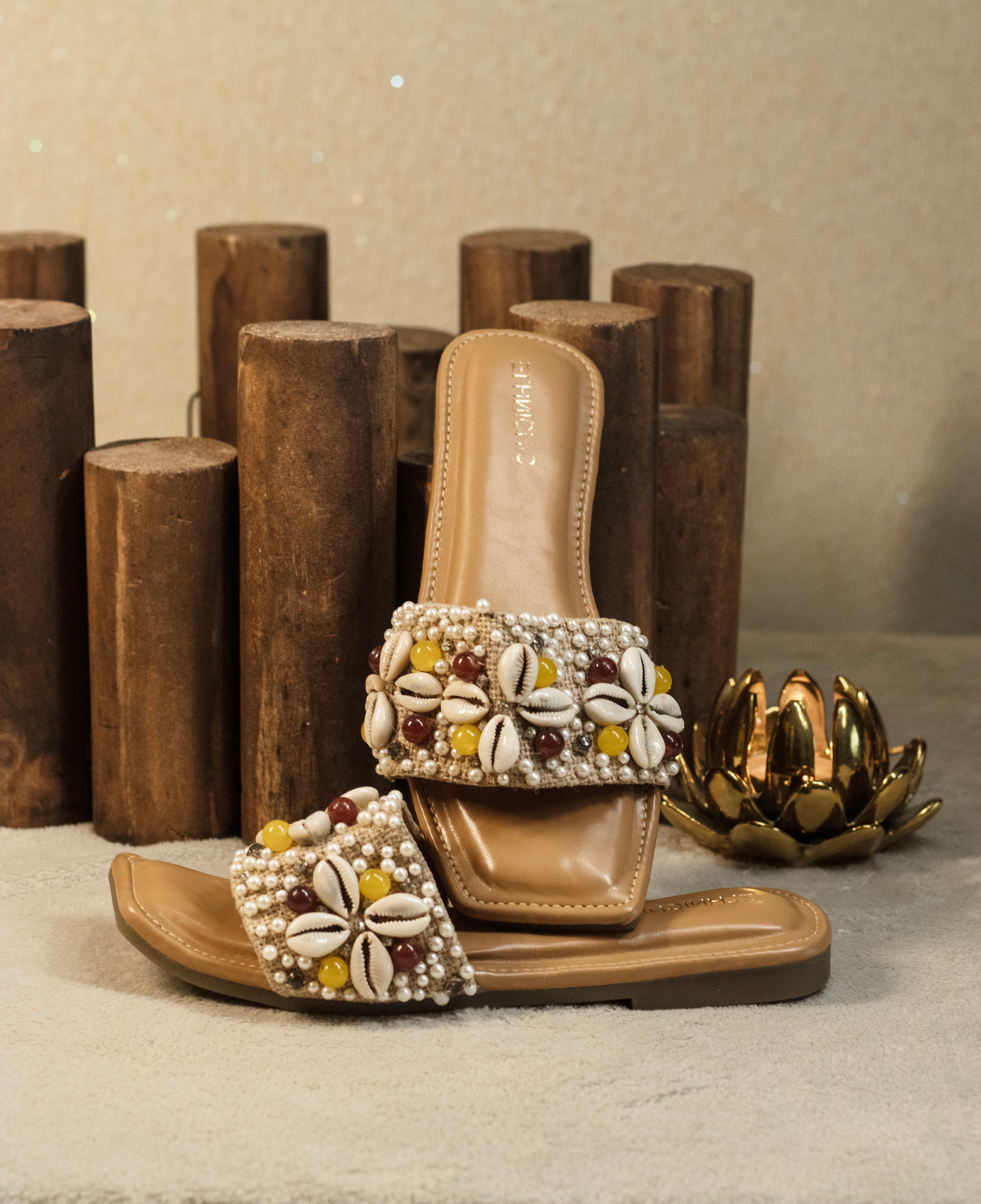 Boho Jute Cowrie Shell Slides