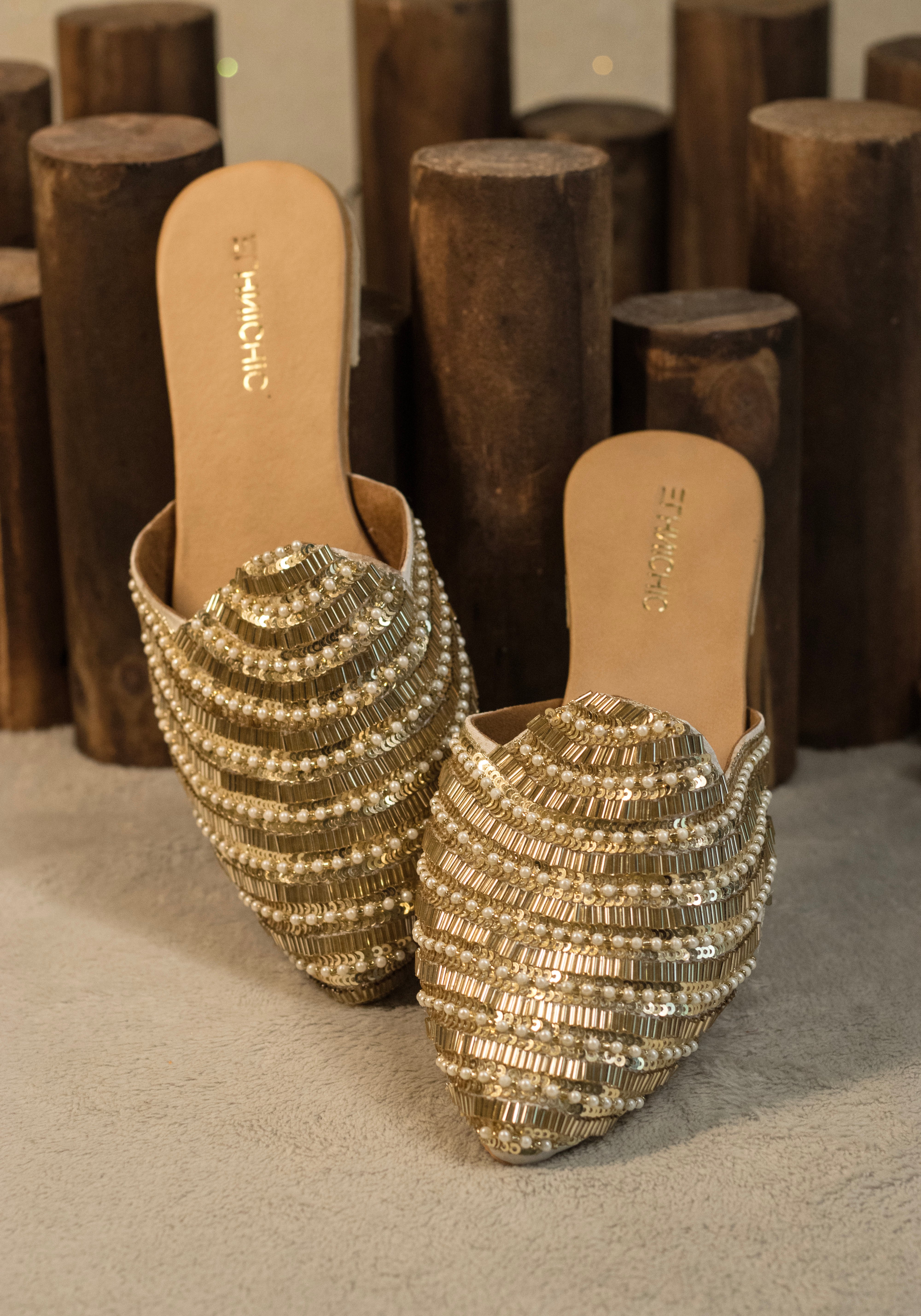 Golden Glitz Pearl-Encrusted Mules