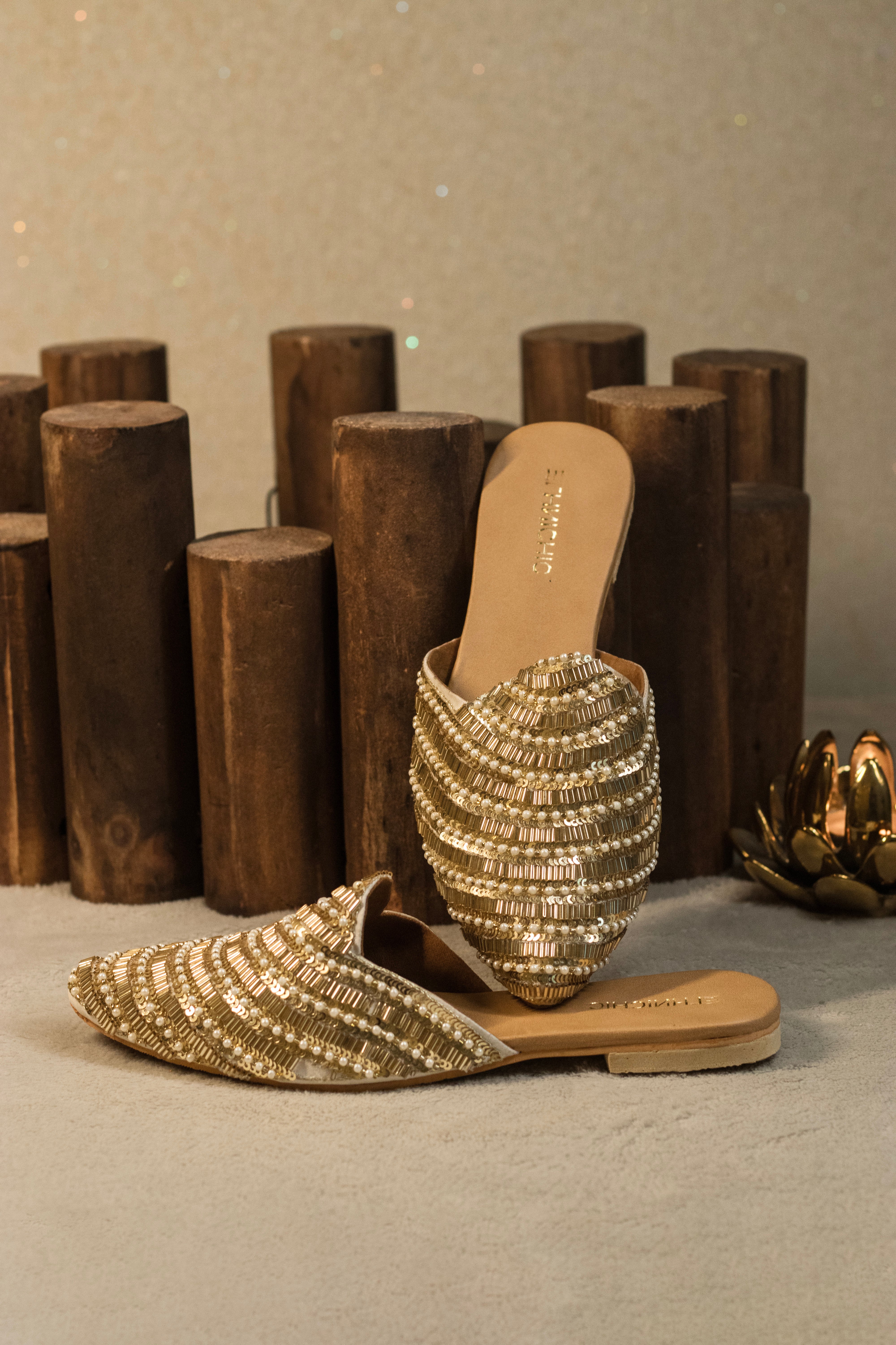 Golden Glitz Pearl-Encrusted Mules