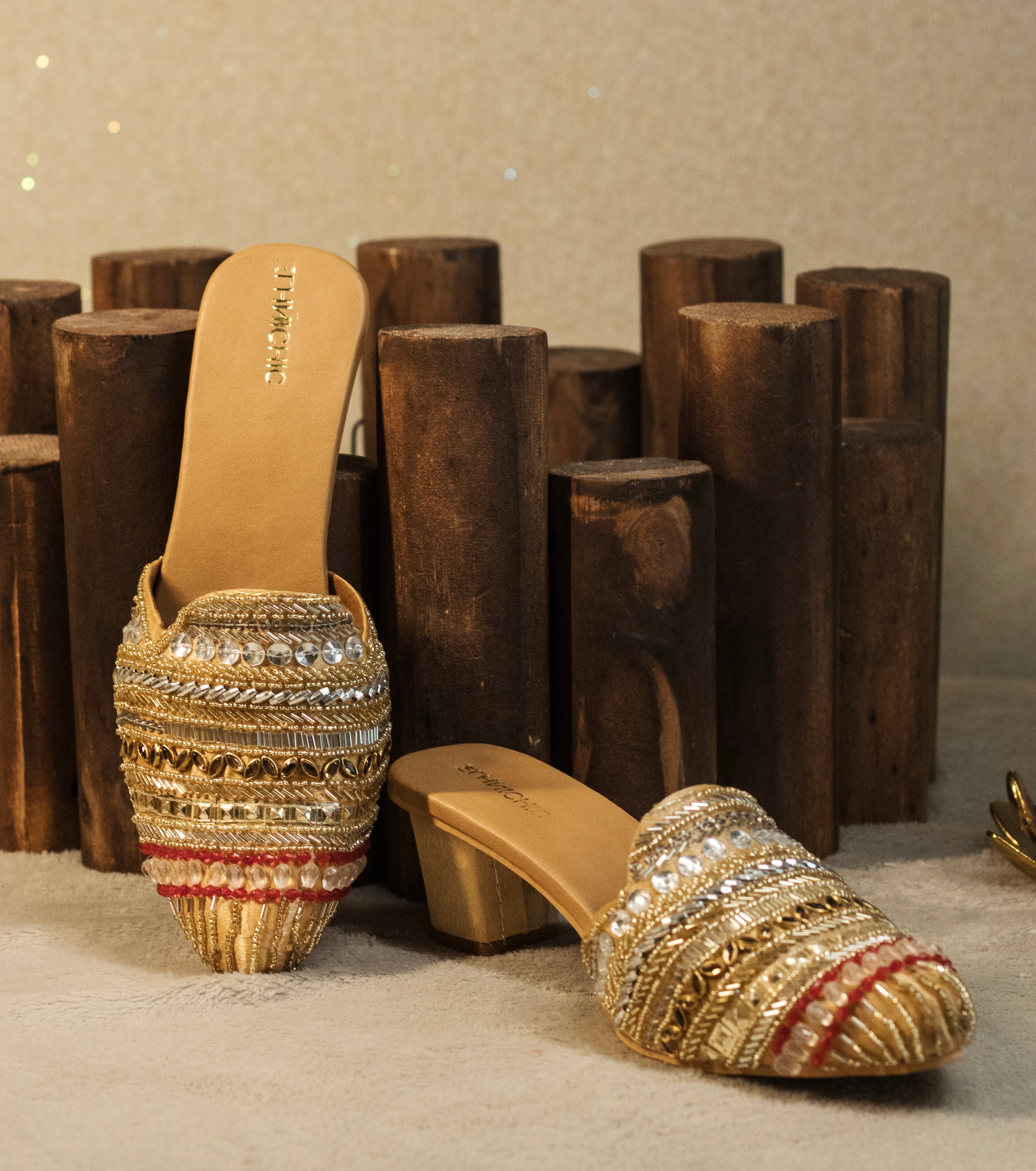 Champagne Gold Crystal Block Heel Mules
