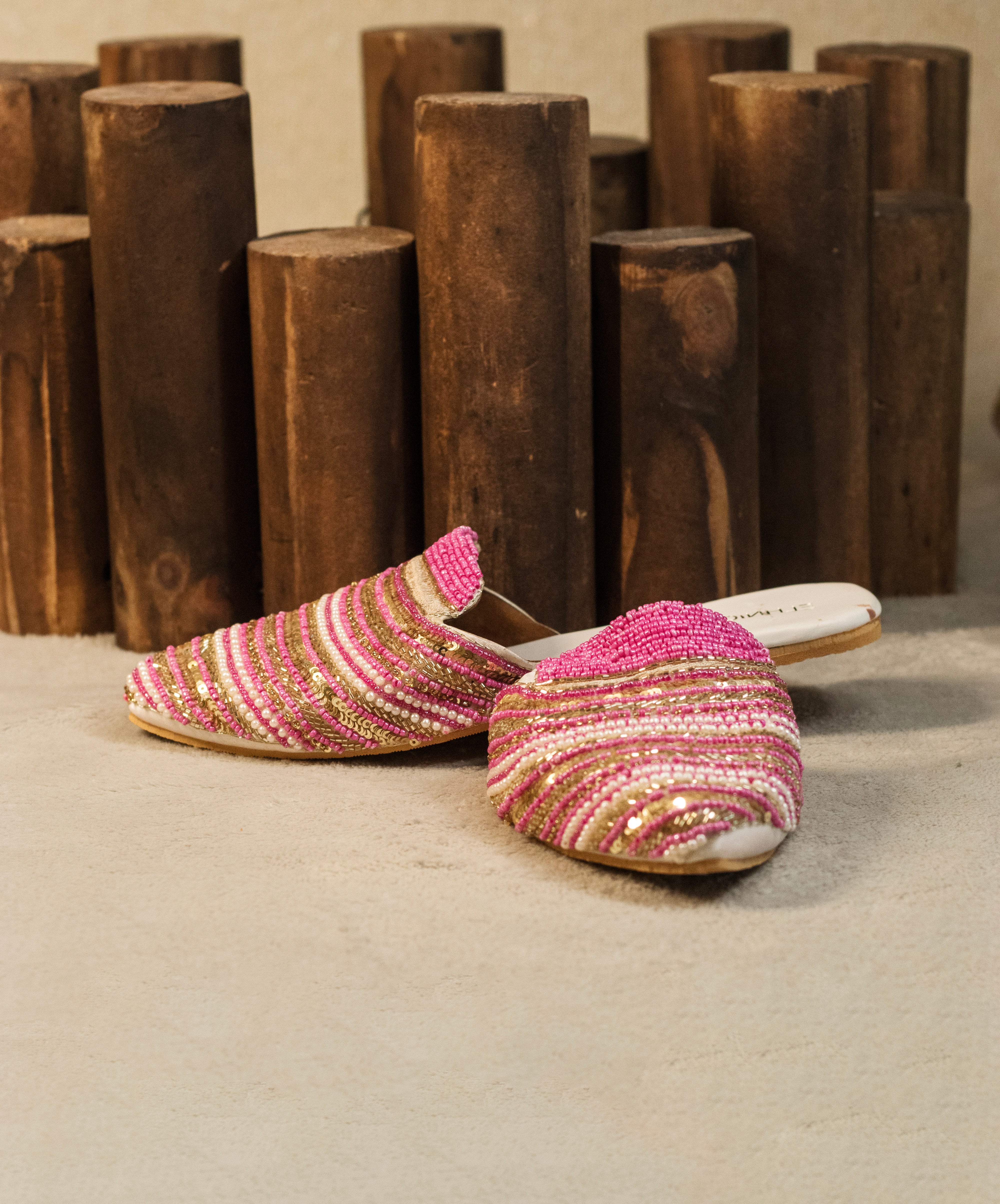 EthnicChic Pink & Gold Beaded Mules
