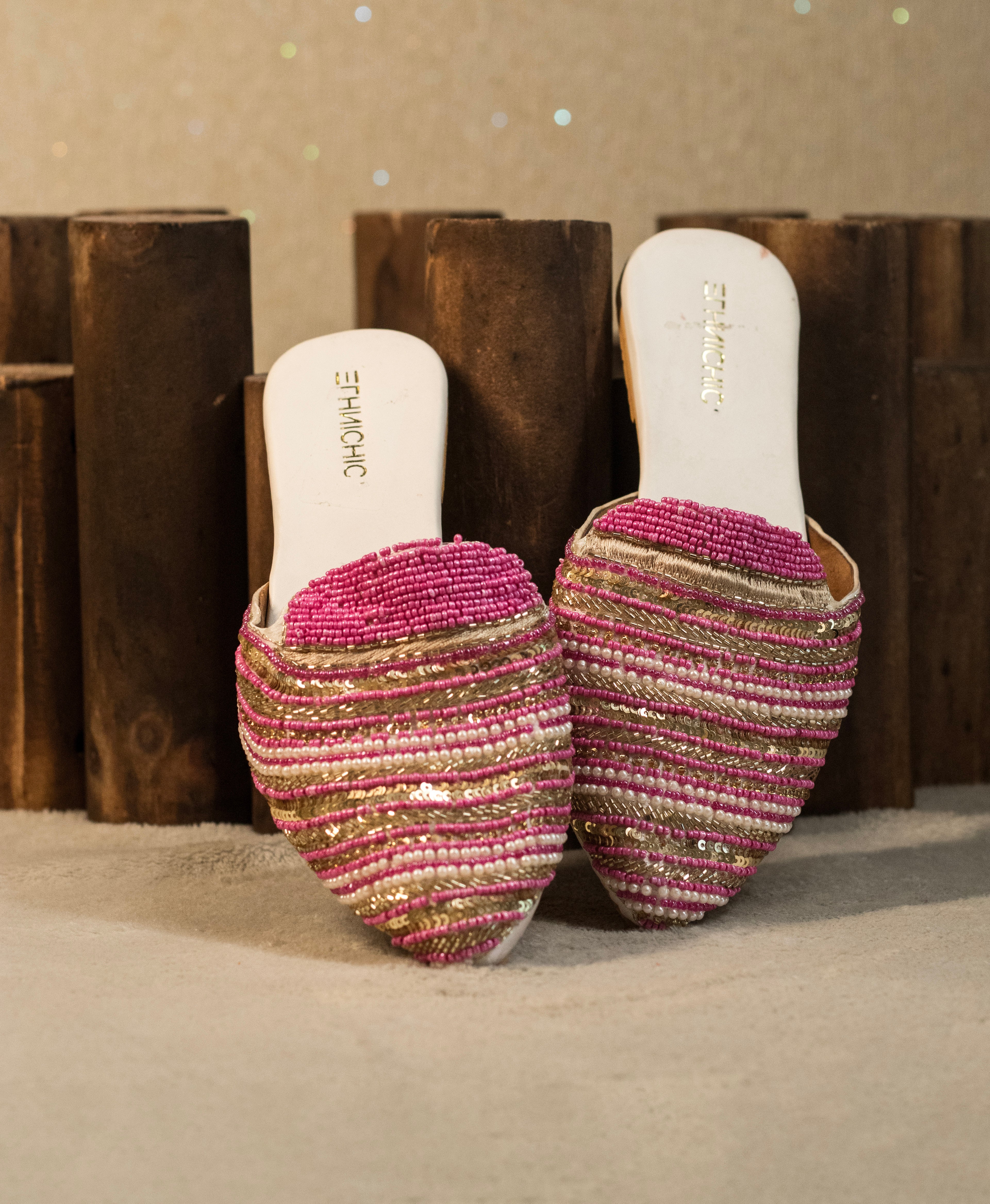 EthnicChic Pink & Gold Beaded Mules
