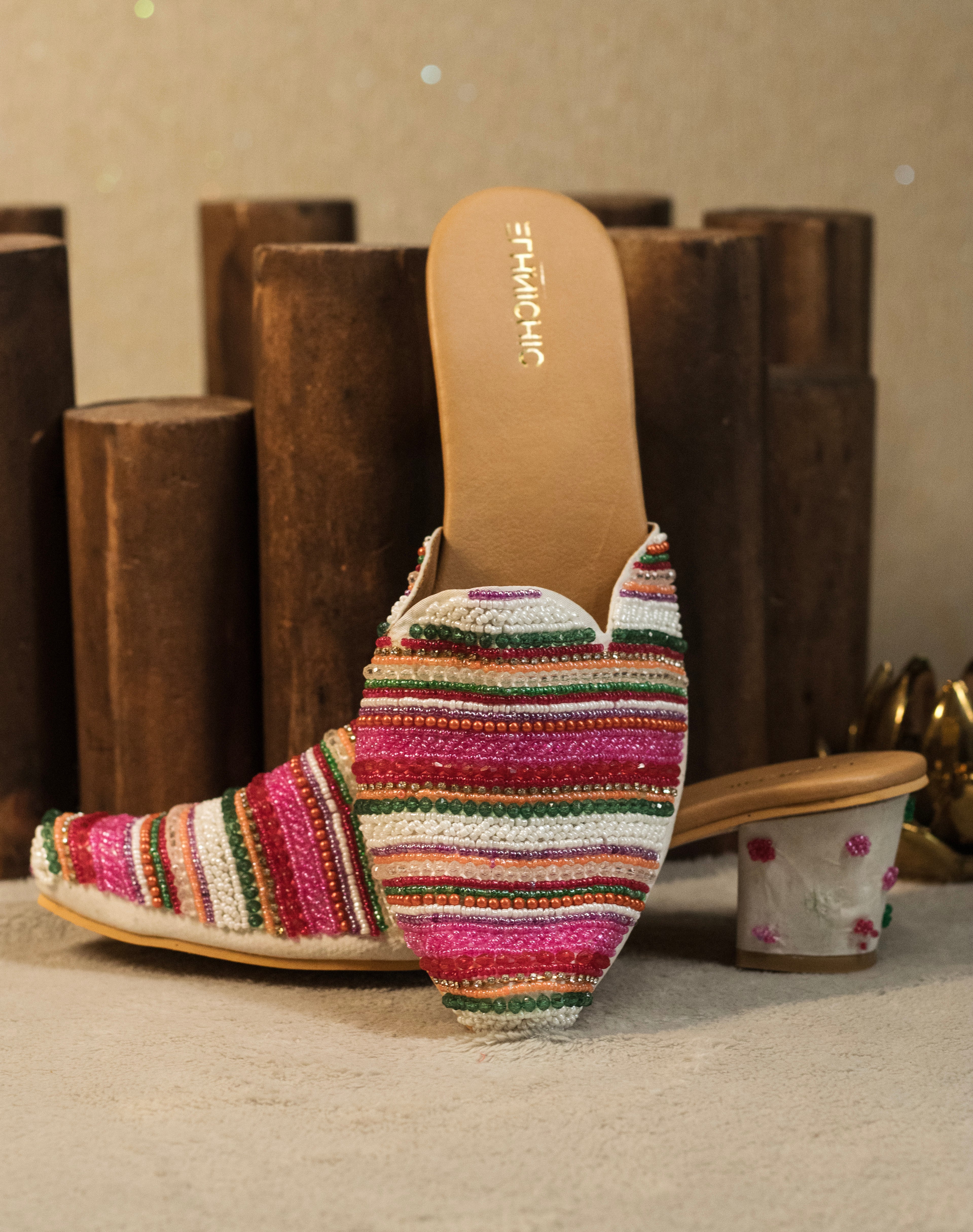 EthnicChic Vibrant Multi-Color Beaded Block Heels