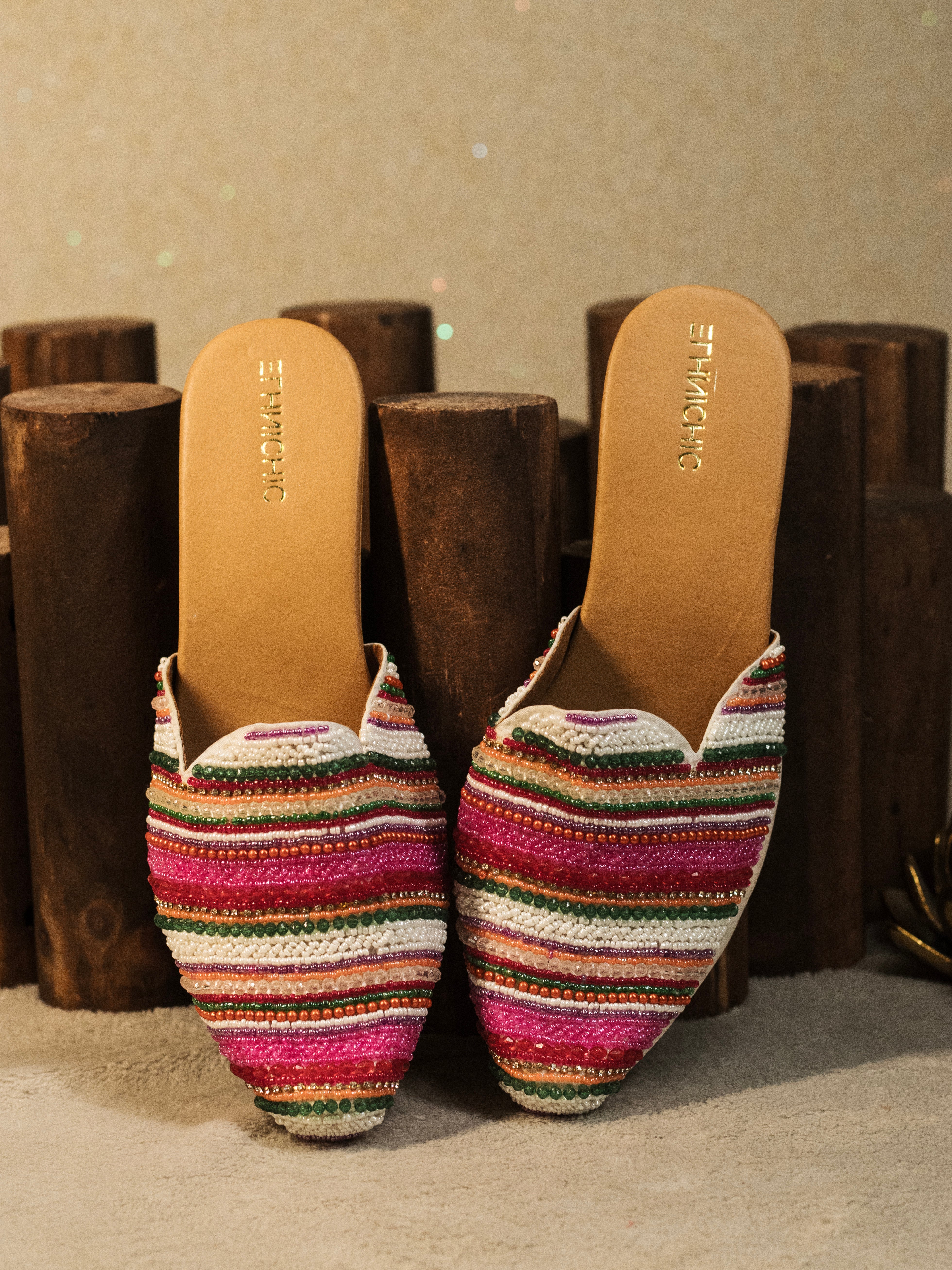 EthnicChic Vibrant Multi-Color Beaded Block Heels