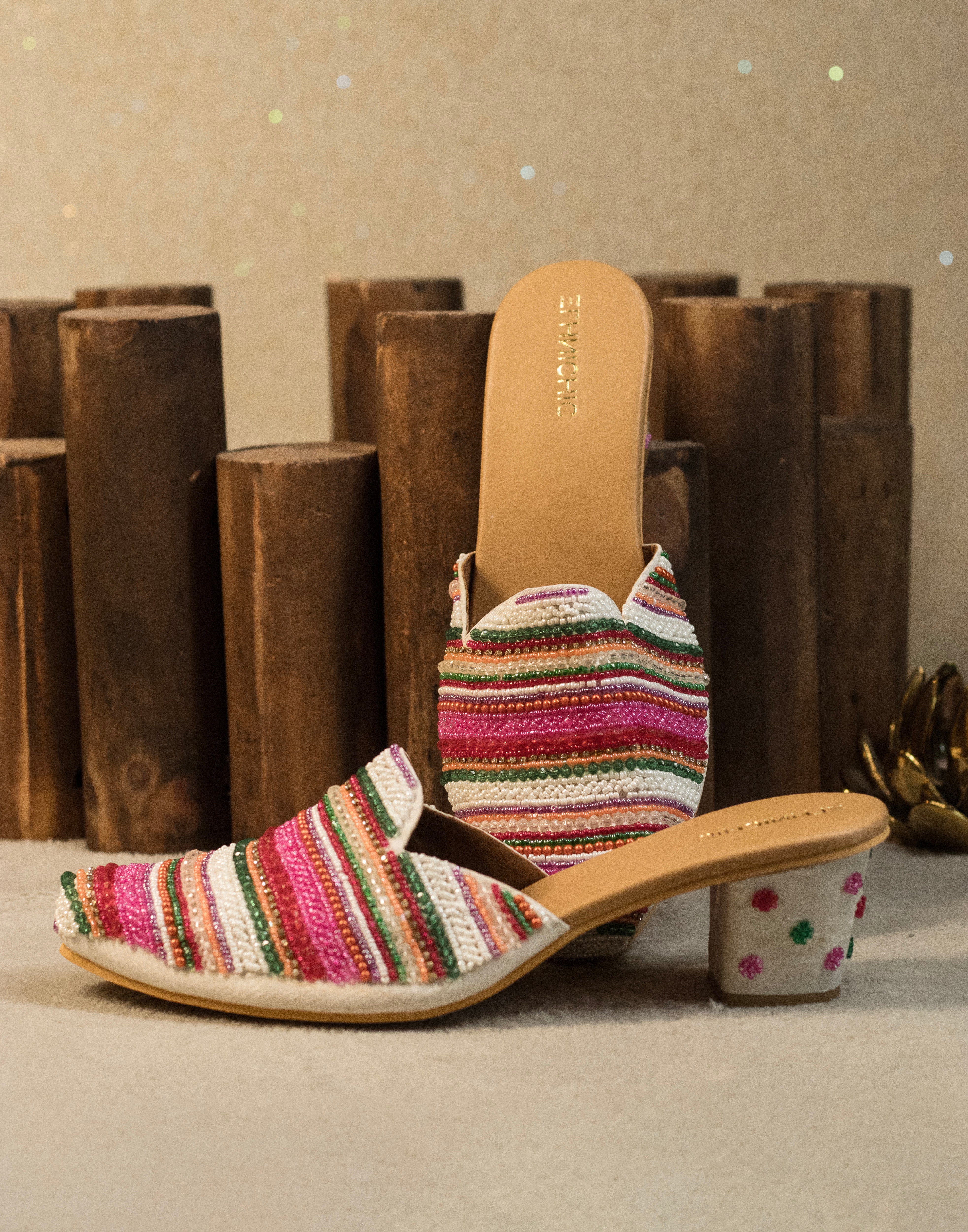 EthnicChic Vibrant Multi-Color Beaded Block Heels