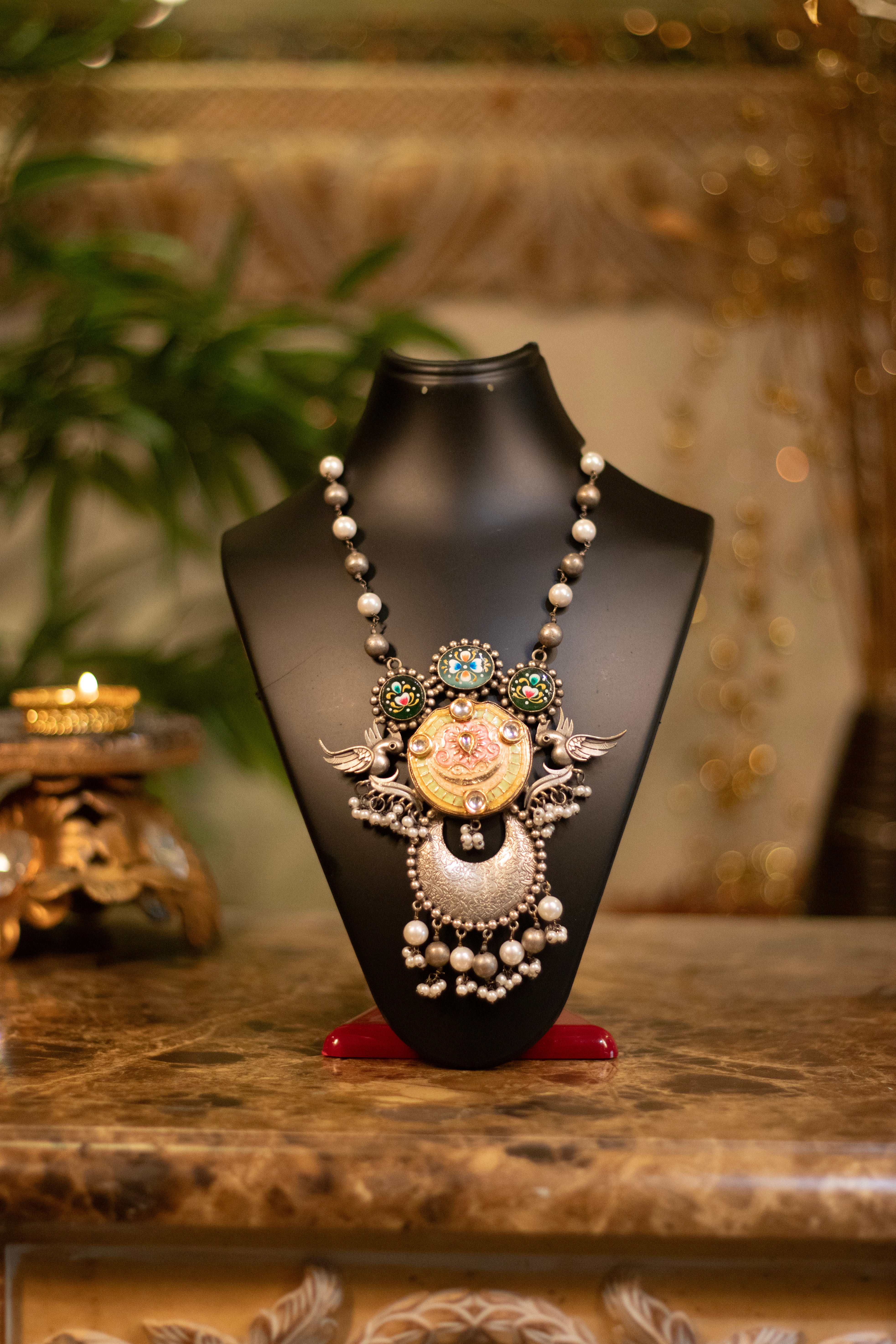 Enchanted Meenakari & Oxidized Bird Statement Necklace