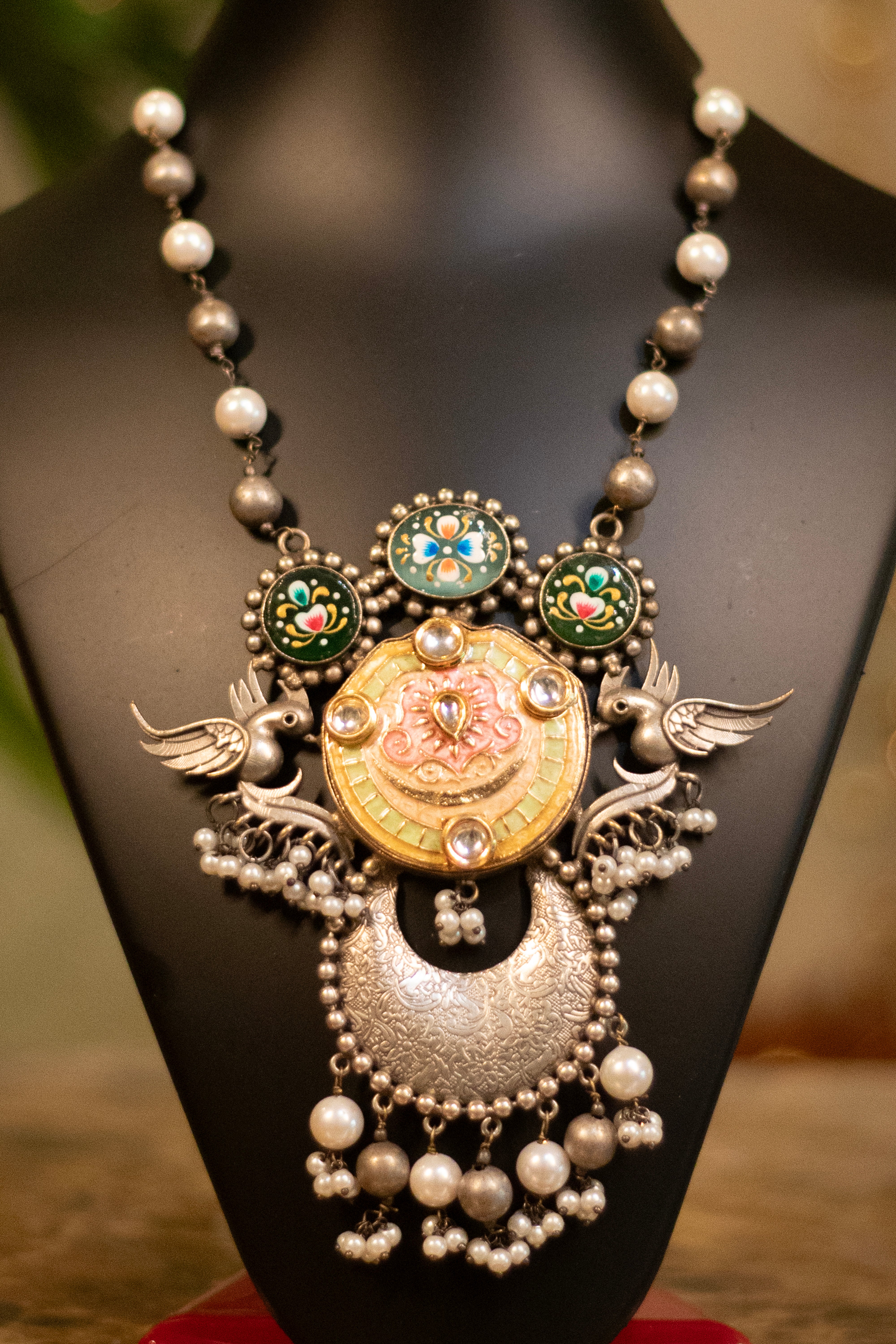 Enchanted Meenakari & Oxidized Bird Statement Necklace