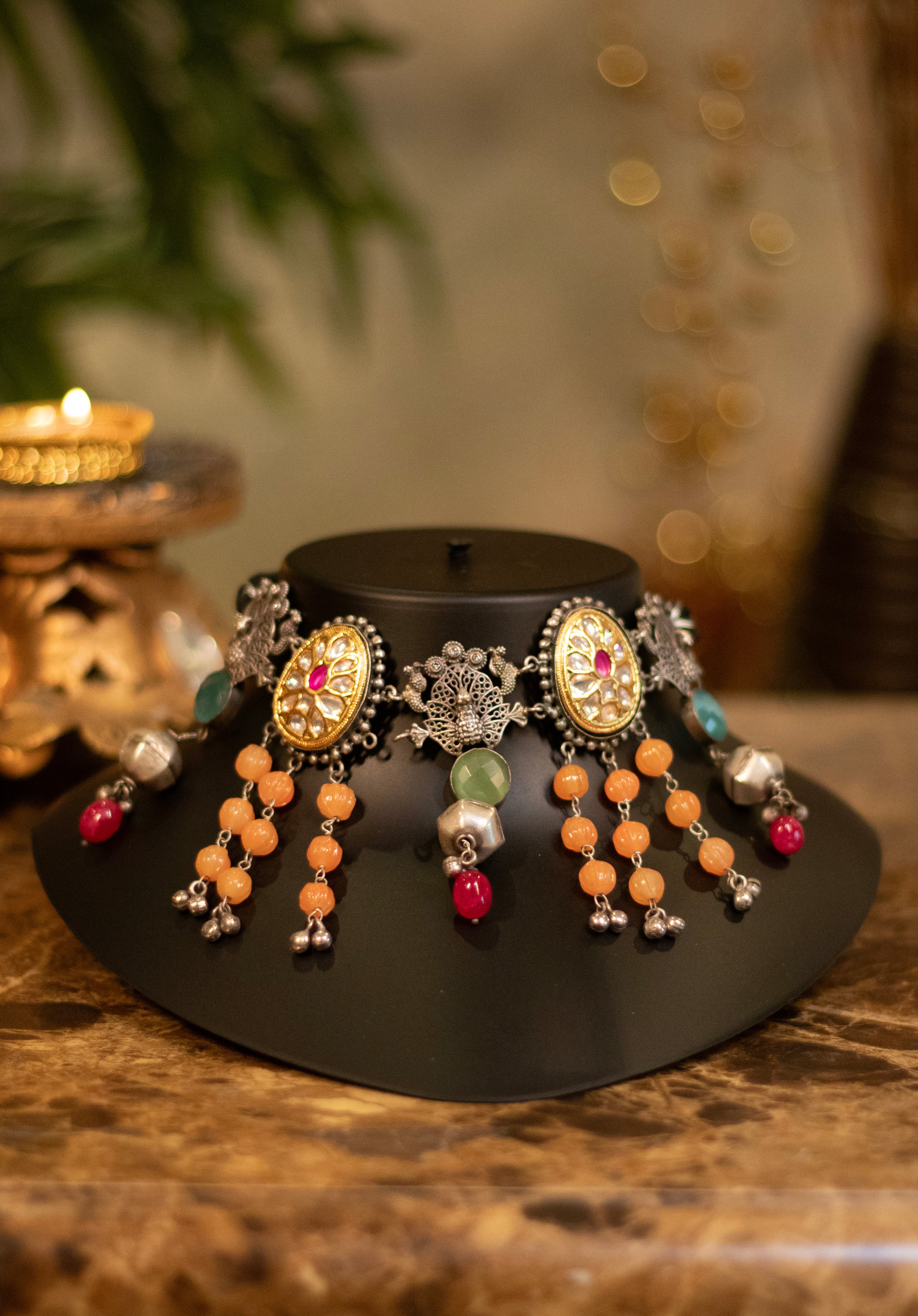 Gilded Peacock & Stone Droplet Choker