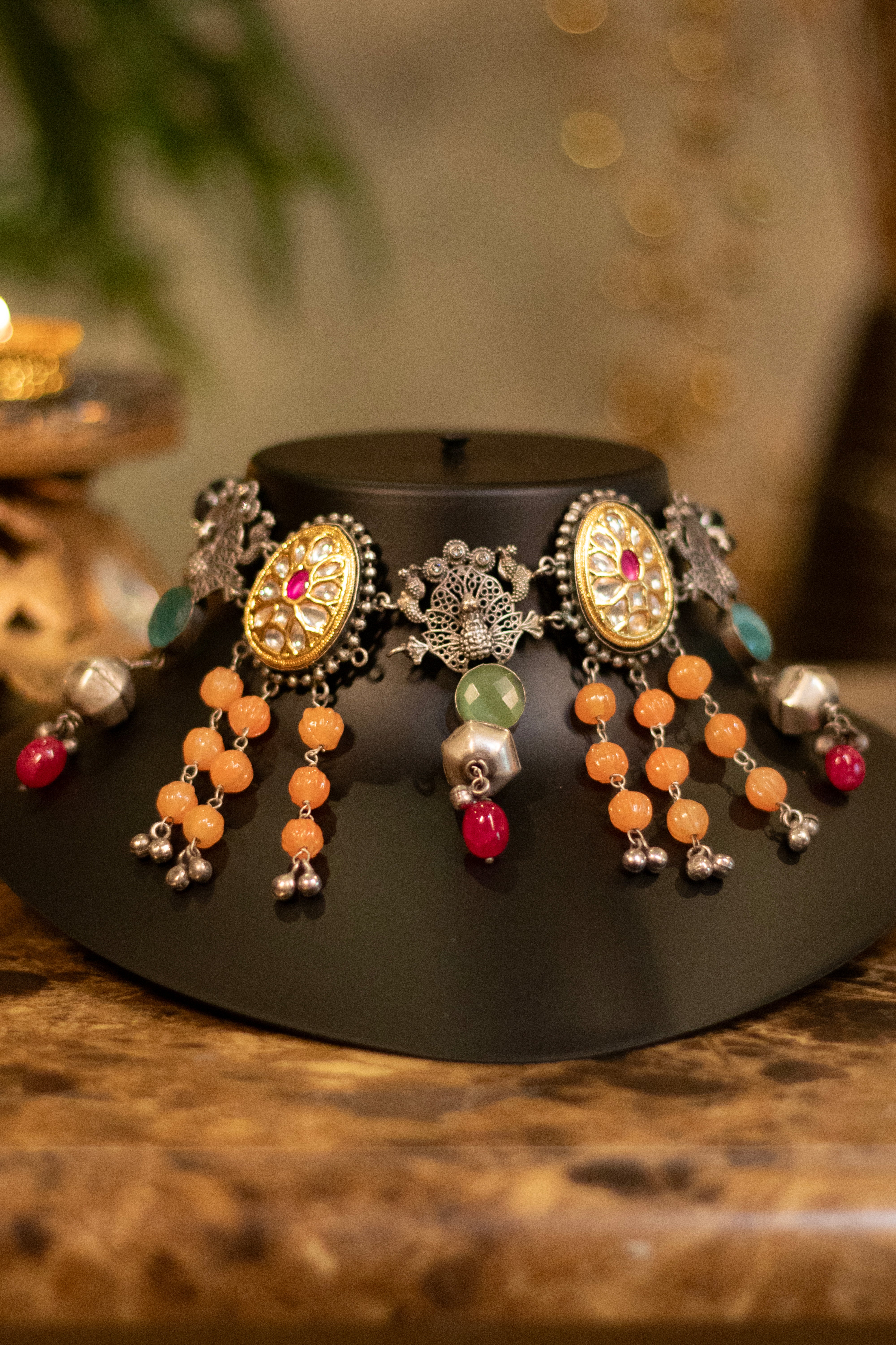 Gilded Peacock & Stone Droplet Choker
