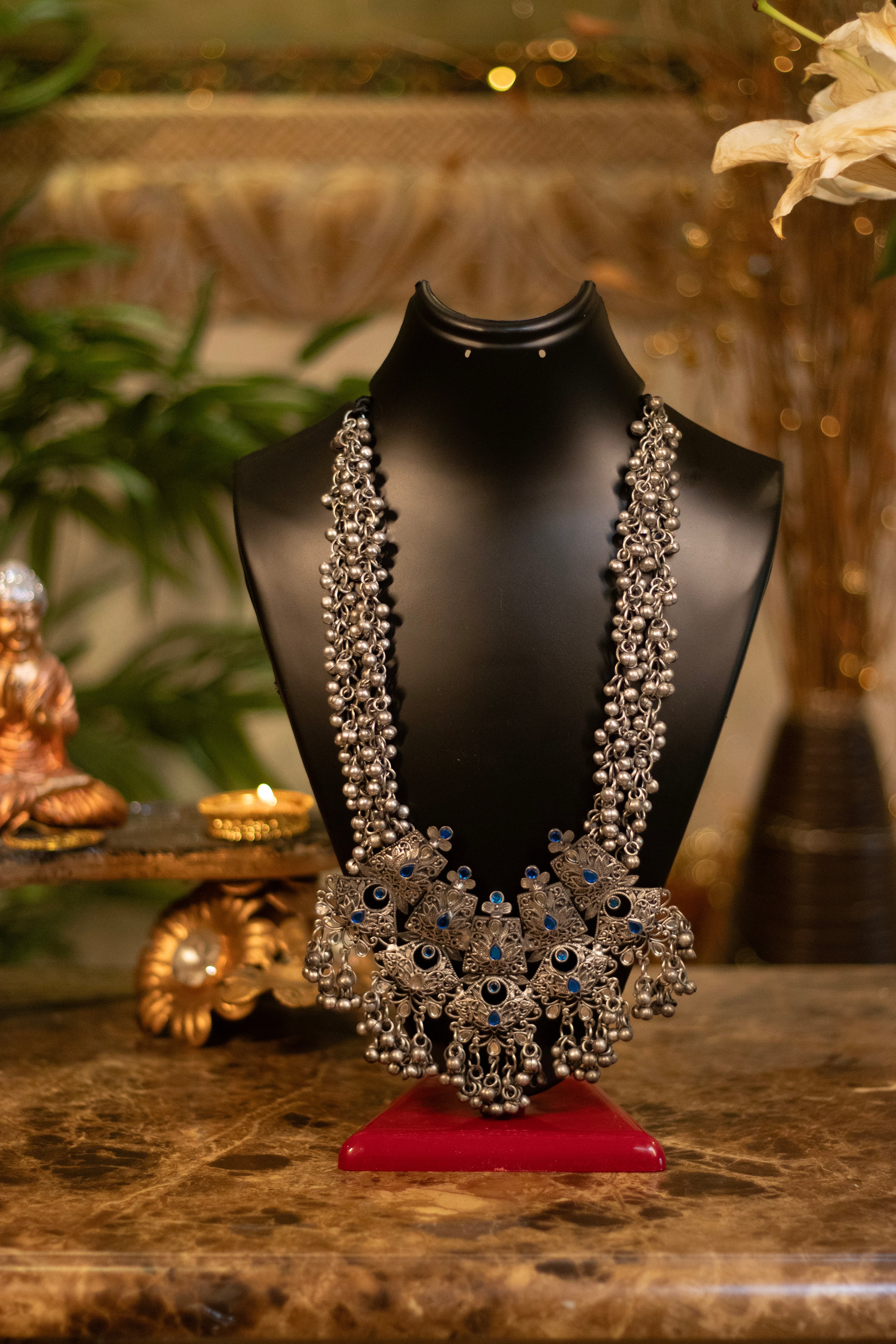 Royal Azure Oxidized Ghungroo Statement Necklace