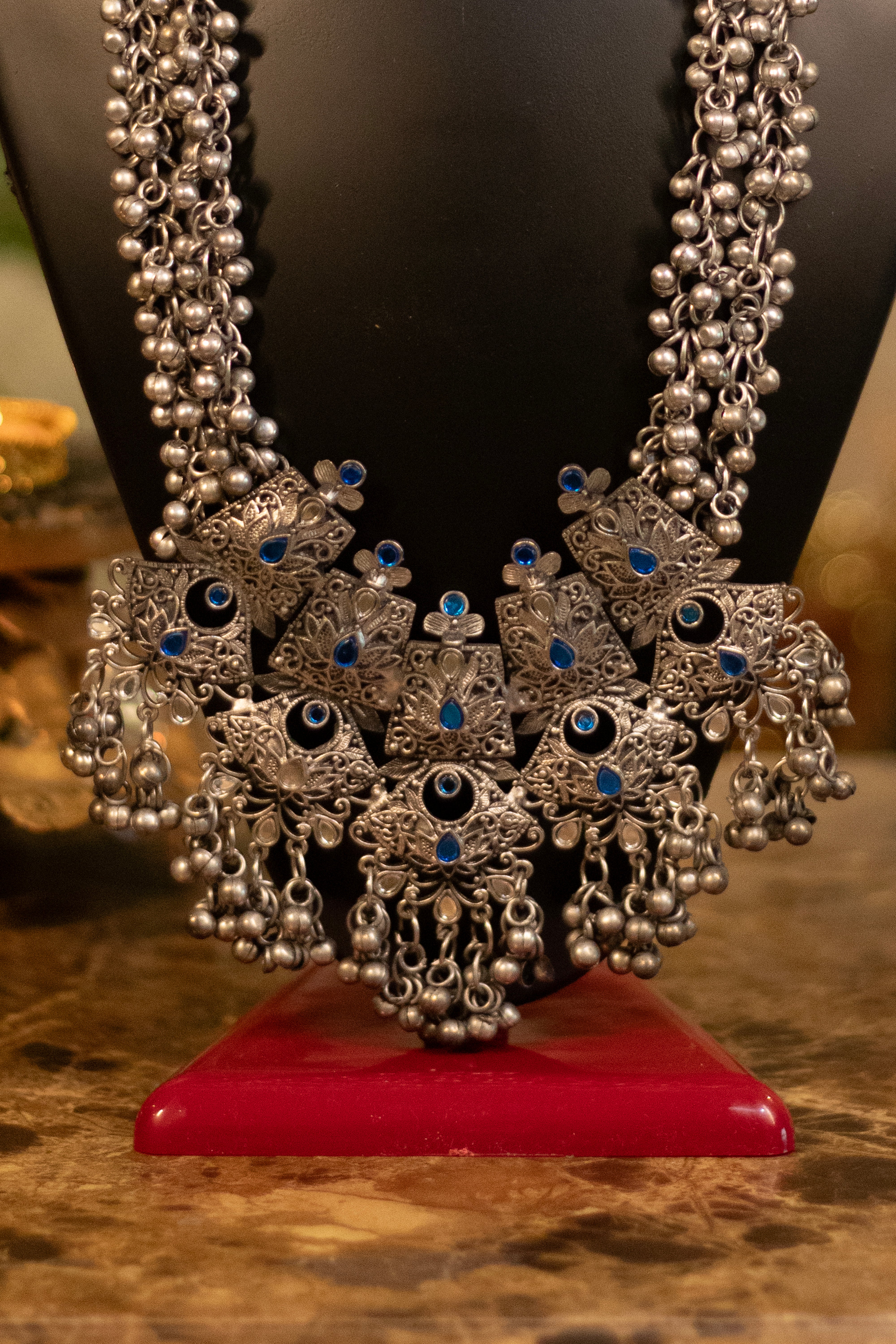 Royal Azure Oxidized Ghungroo Statement Necklace