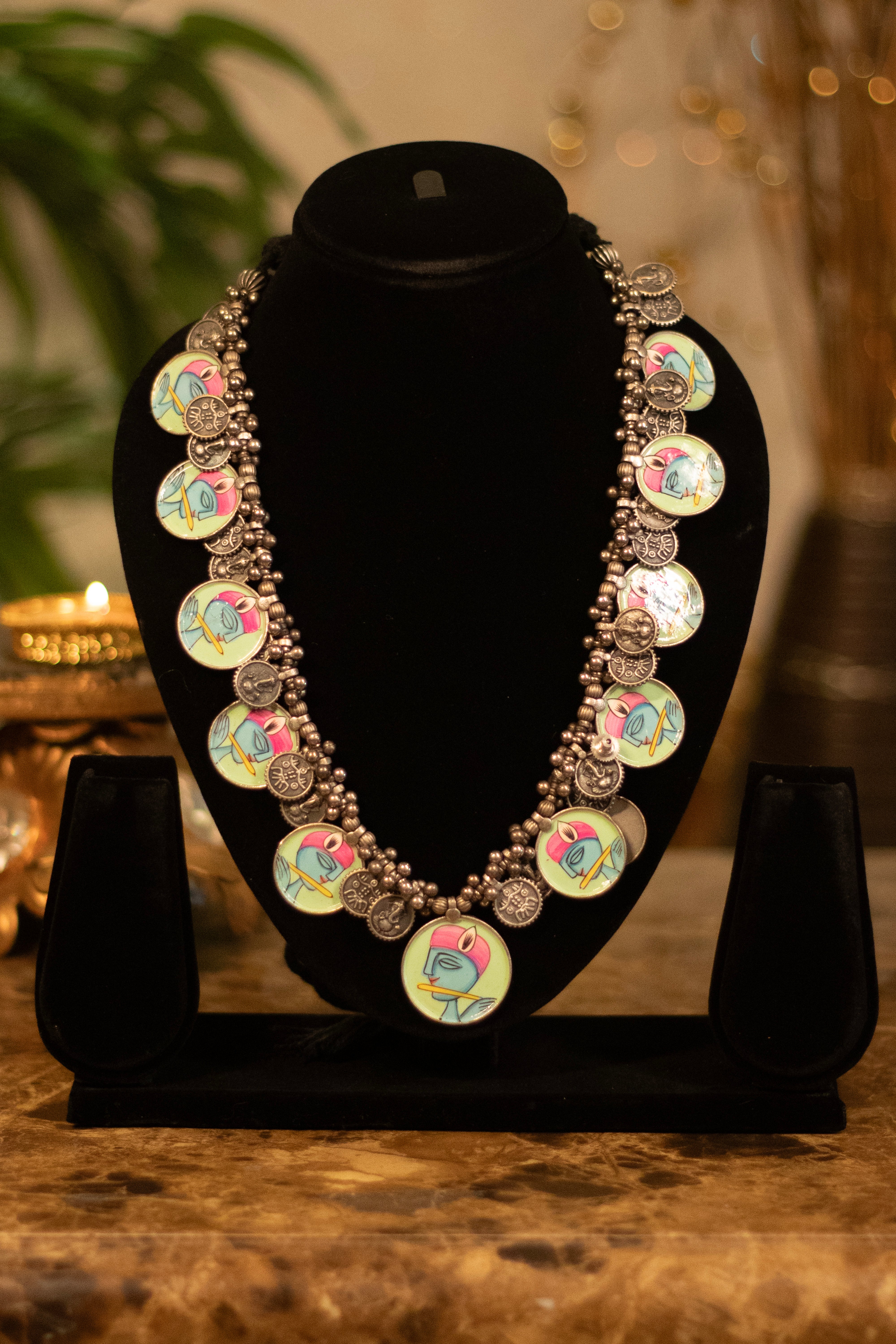 Divine Krishna Hand-Painted Oxidized Necklace