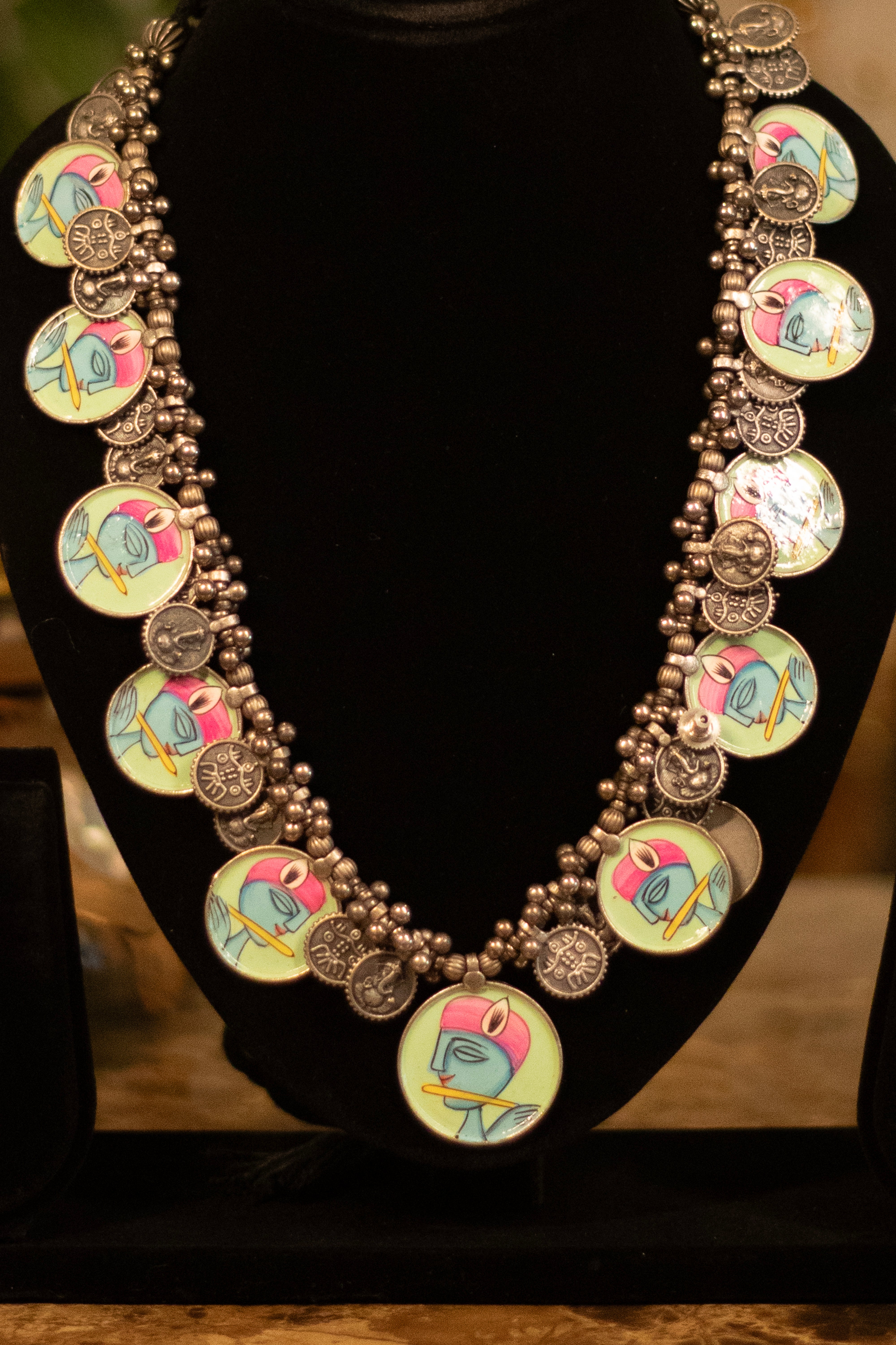 Divine Krishna Hand-Painted Oxidized Necklace