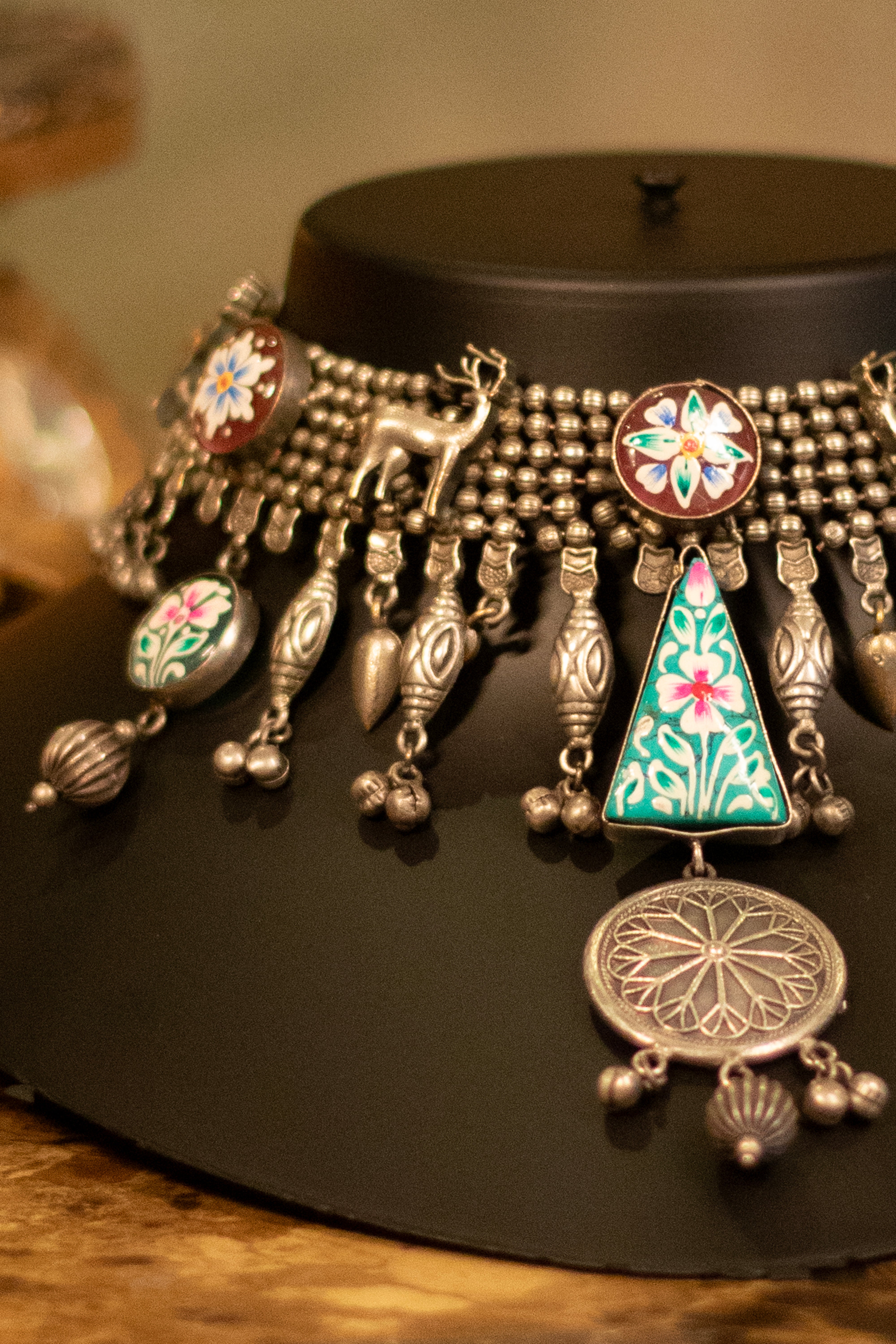 Ethnic Enamel & Deer Motif Oxidized Choker