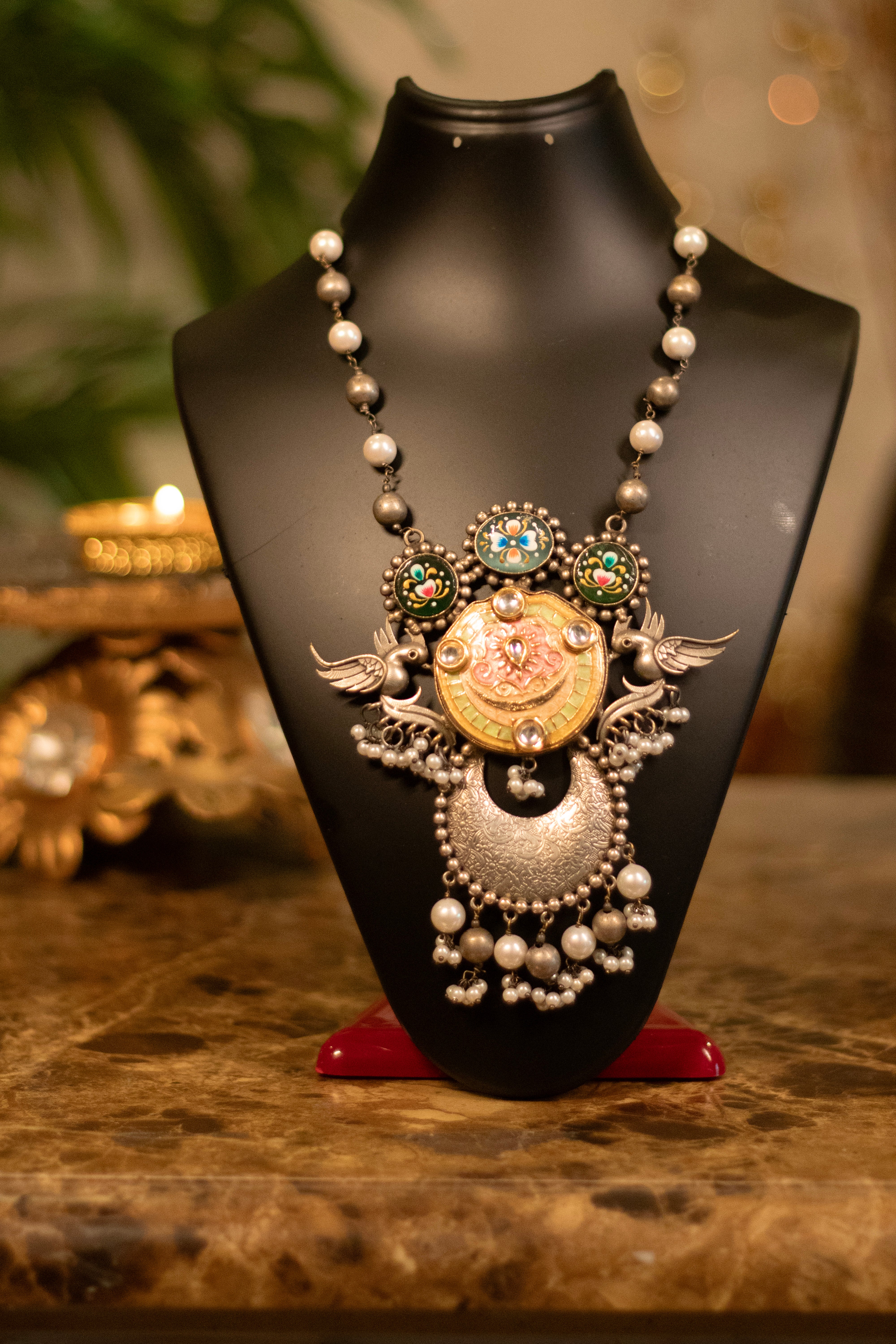 Artisanal Meenakari Bird & Pearl Statement Necklace