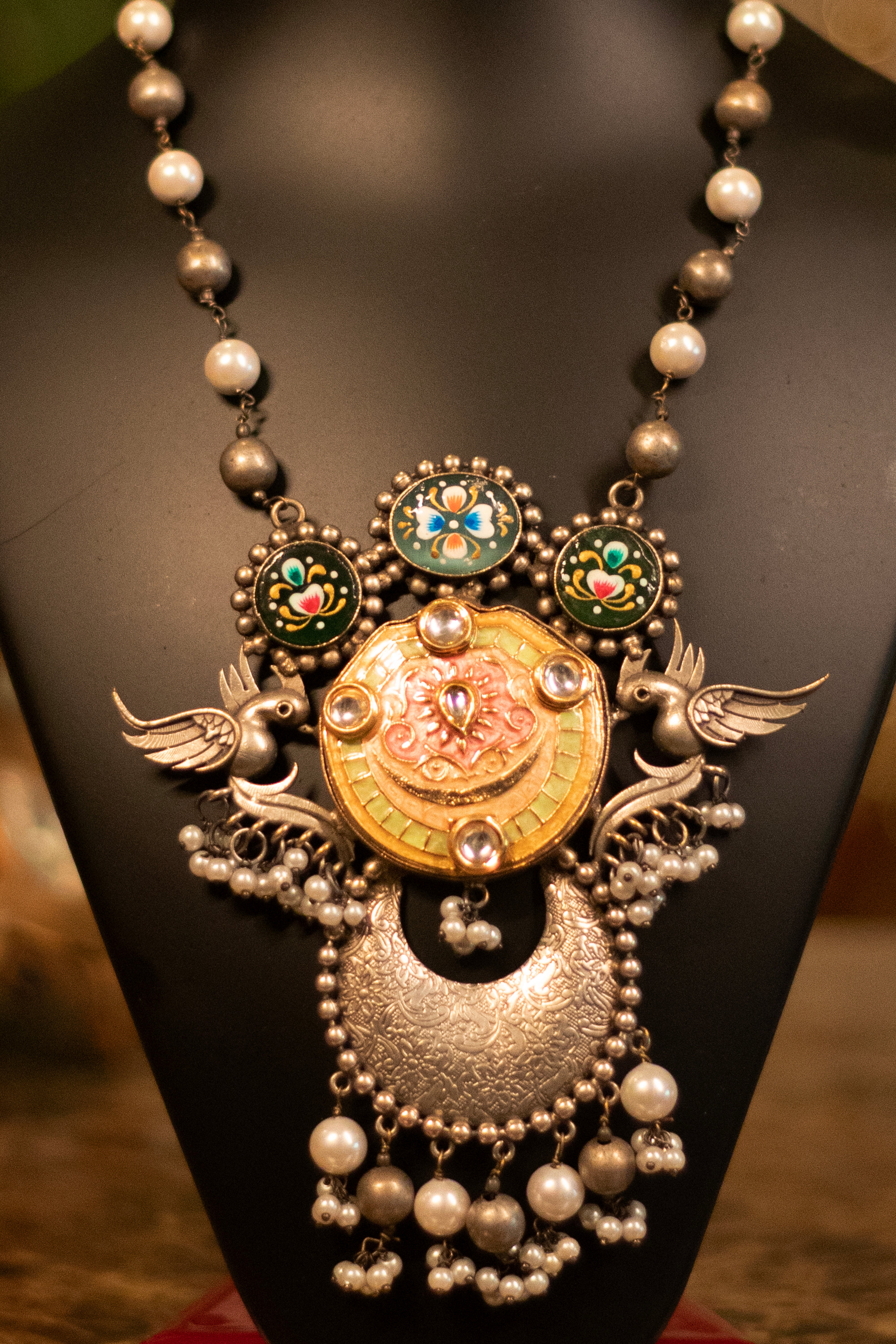Artisanal Meenakari Bird & Pearl Statement Necklace
