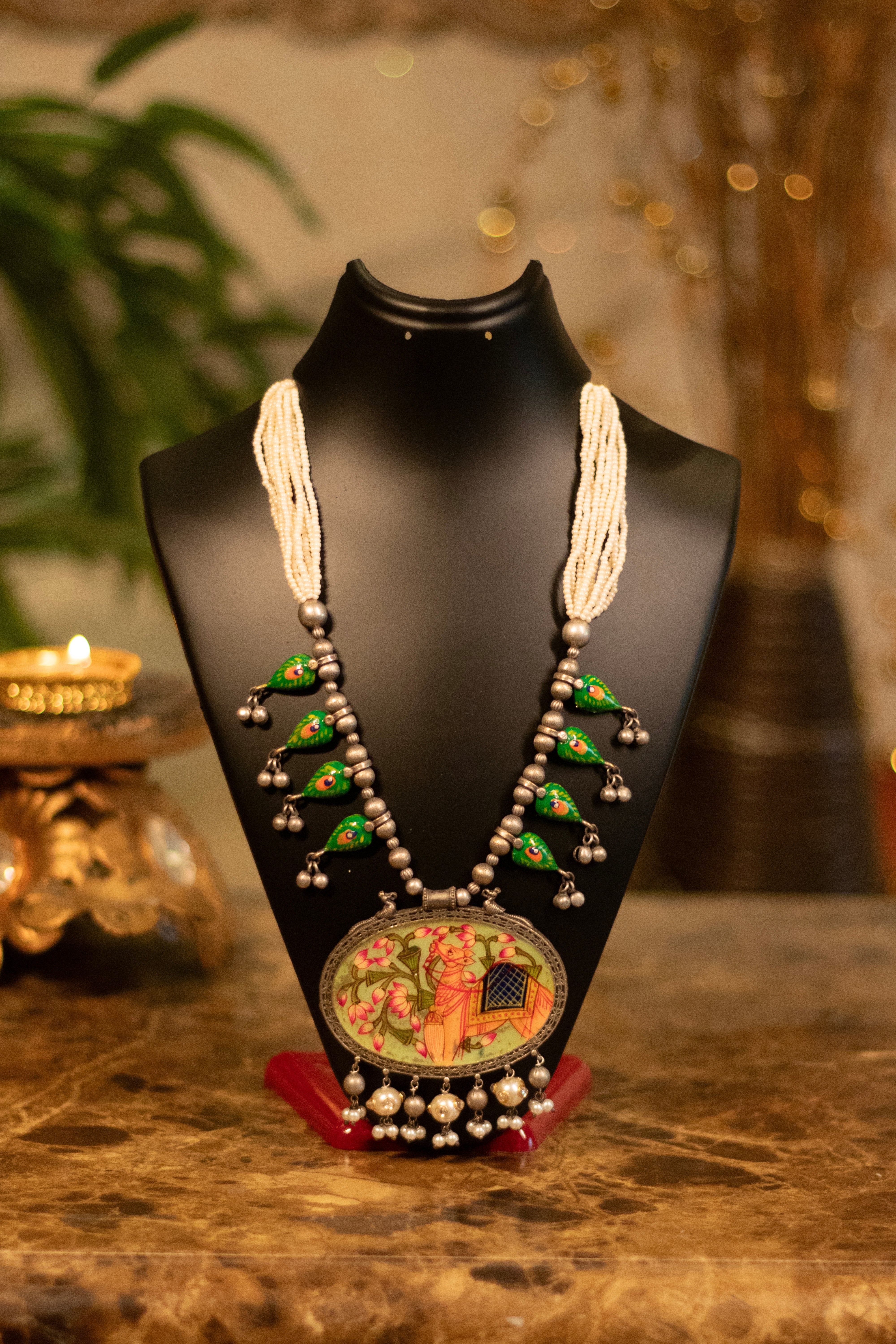 Vintage Pichwai Art & Pearl Enamel Mala