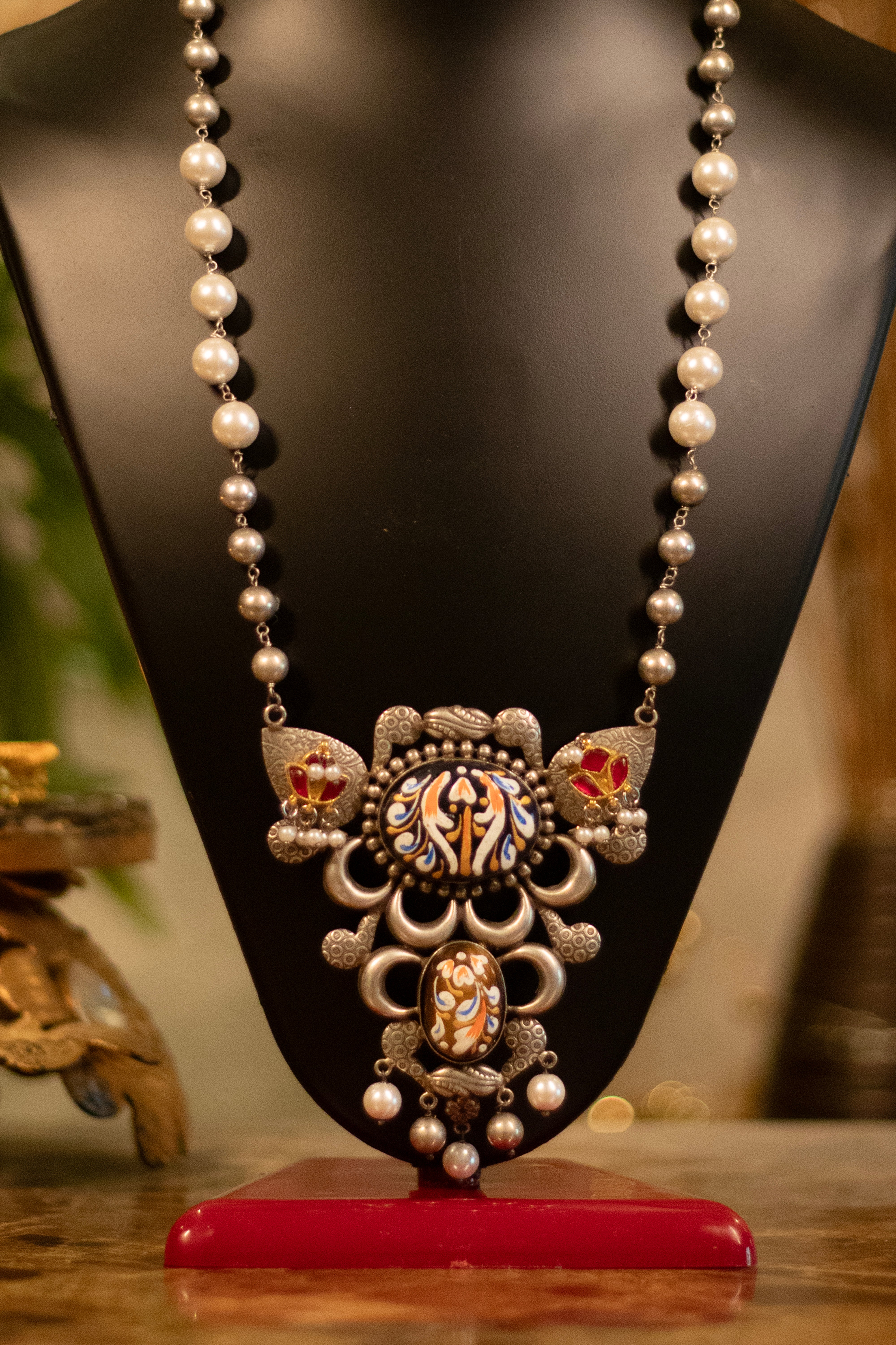 Antique Silver Enamel & Pearl Fusion Mala