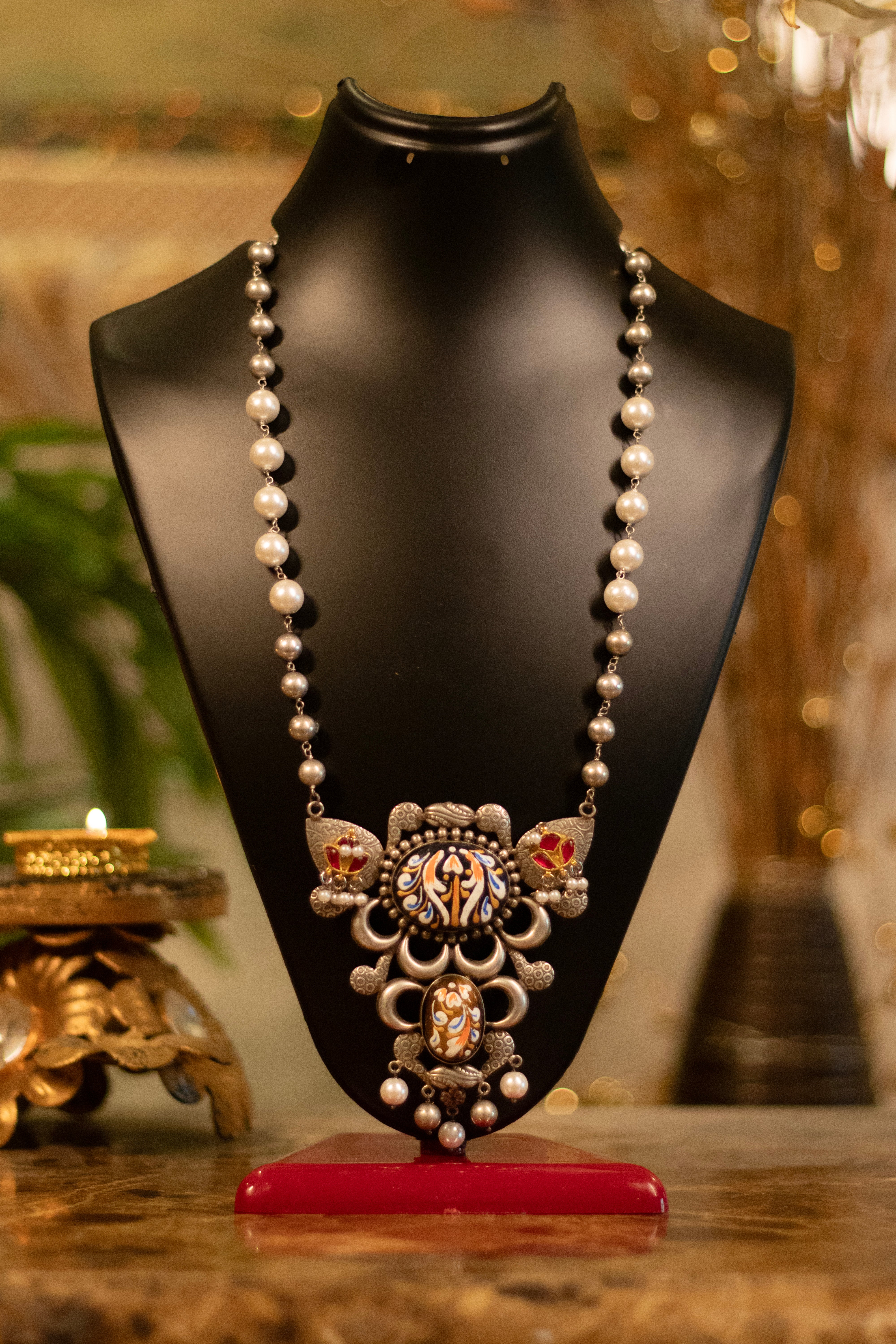 Antique Silver Enamel & Pearl Fusion Mala